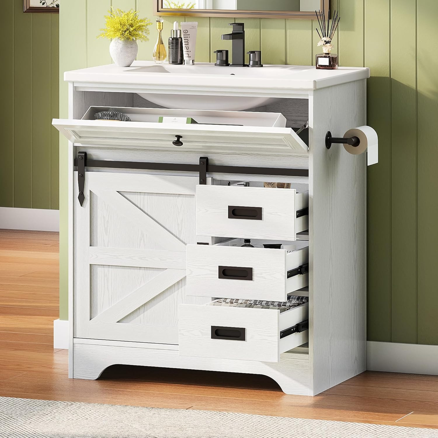 30″ Farmhouse Bathroom Vanity with Sink & Sliding Barn Door, White
