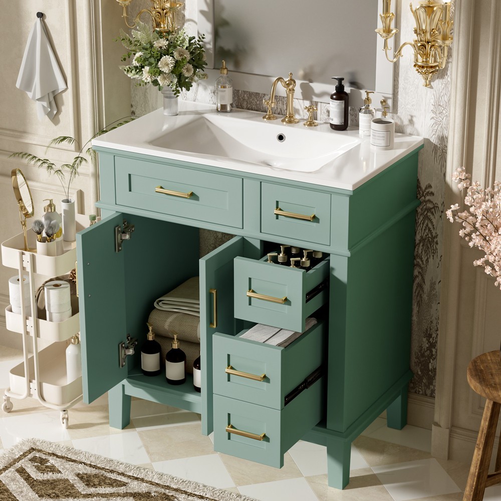 30″ Bathroom Vanity w/Sink, Freestanding Vanity Storage Cabinet, 2 Drawers,Doors