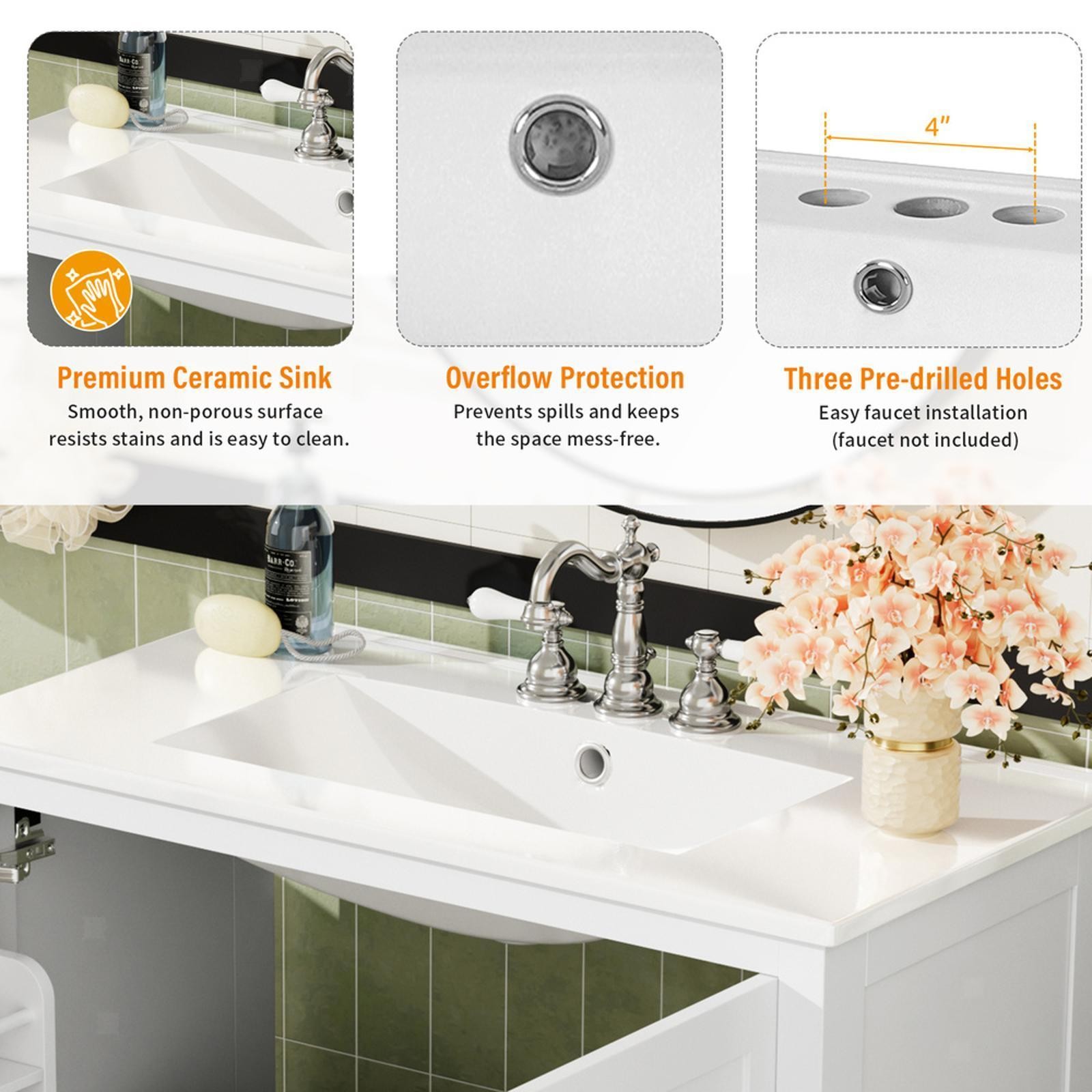 36-Inch Bathroom Vanity with Soft-Close Doors, Overflow-Protected Ceramic Sink &