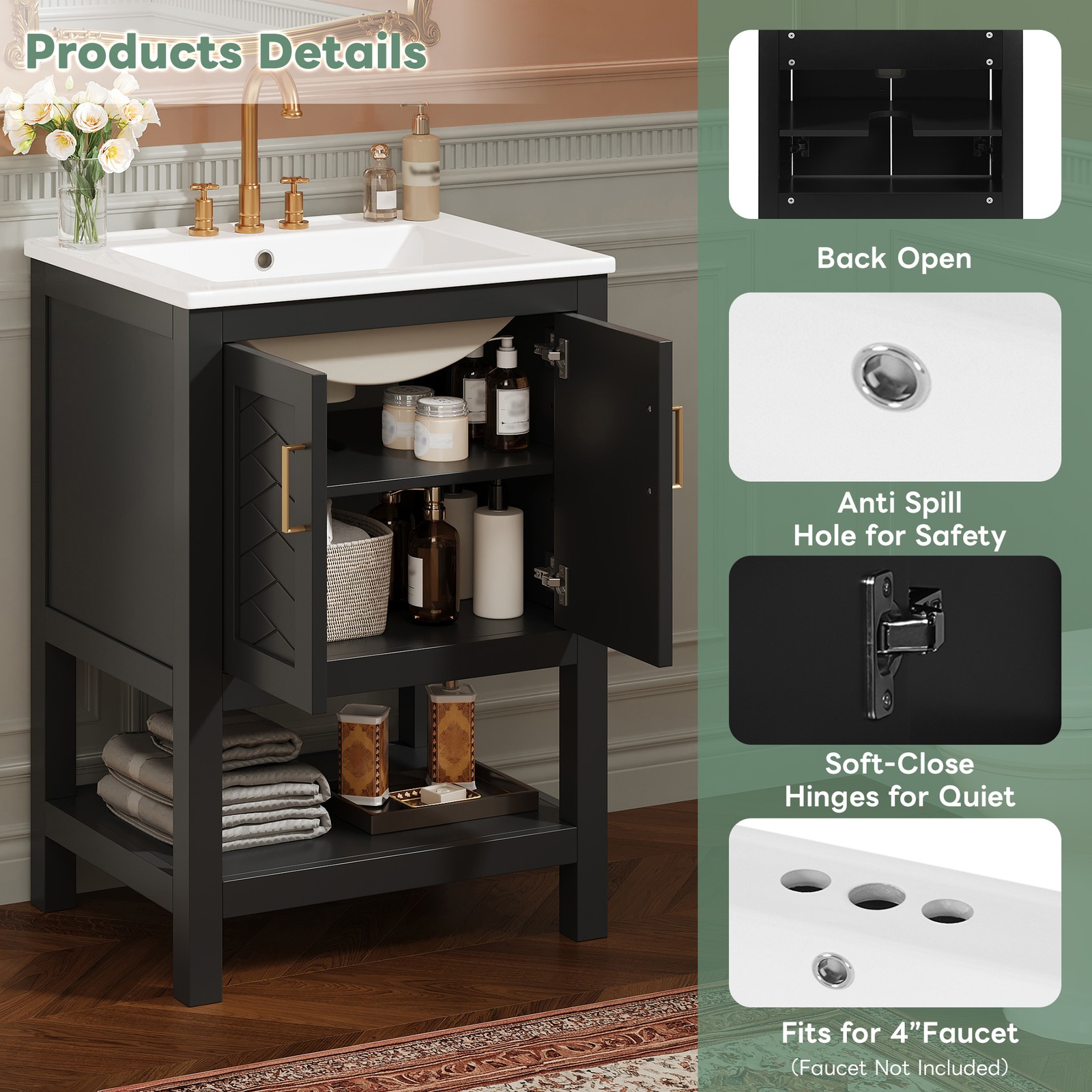 FUNIDEE 24″ Bathroom Vanity with Sink Bathroom Cabinet with Adjustable Shelf