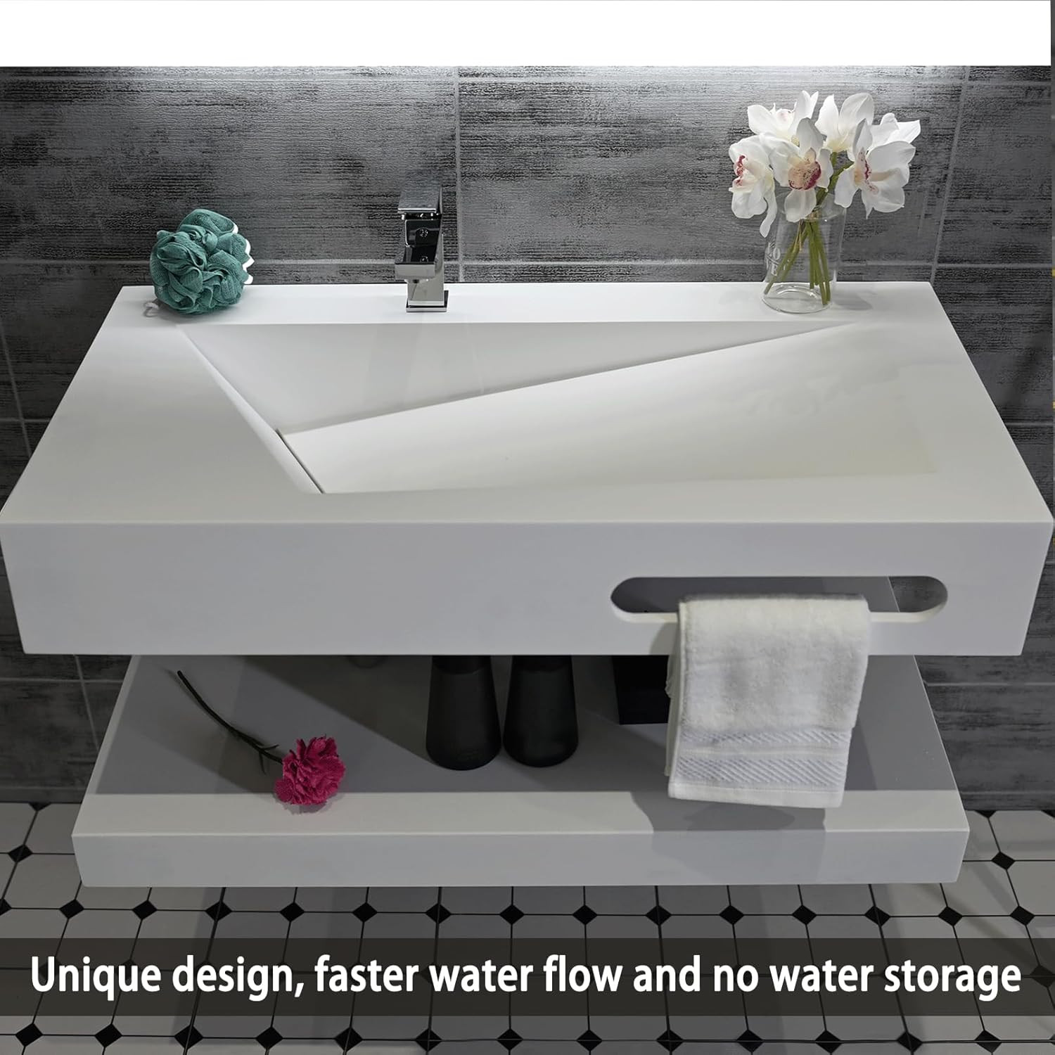 36″X19″ Wall Mount Bathroom Vanity with Sink Stone Resin Floating Vanity Sink Re