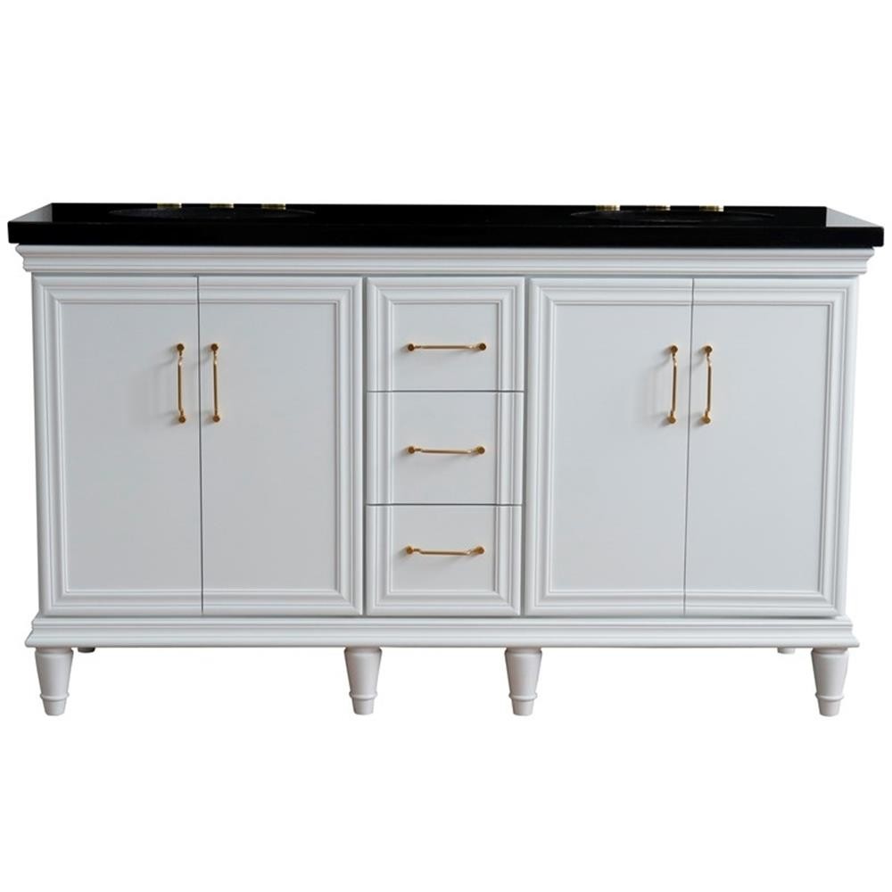 61 in. Double Wooden Vanity White Black Galaxy Granite Oval Sink