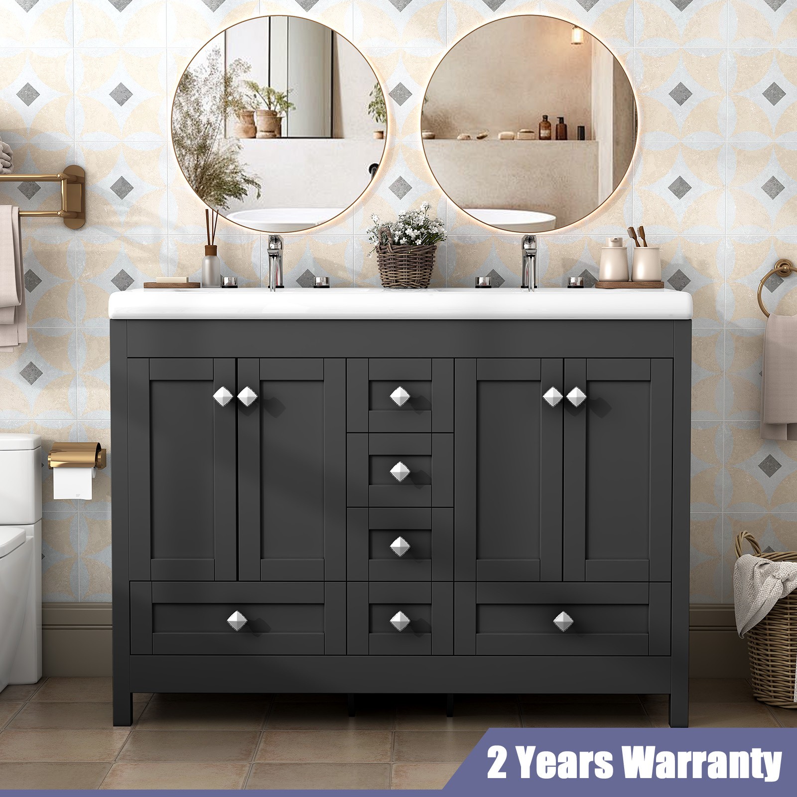 47″ Modern Freestanding Bathroom Vanity w/ Double Sink Ceramic Organizer Cabinet