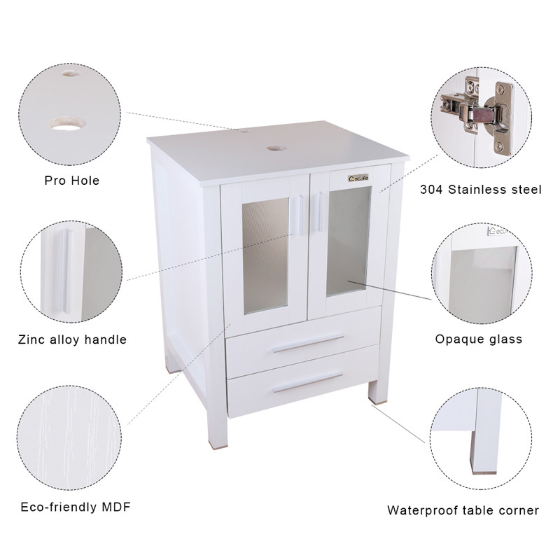 24″ White Bathroom Vanity Cabinet Single Wood & Ceramic Vessel Sink Top Modern