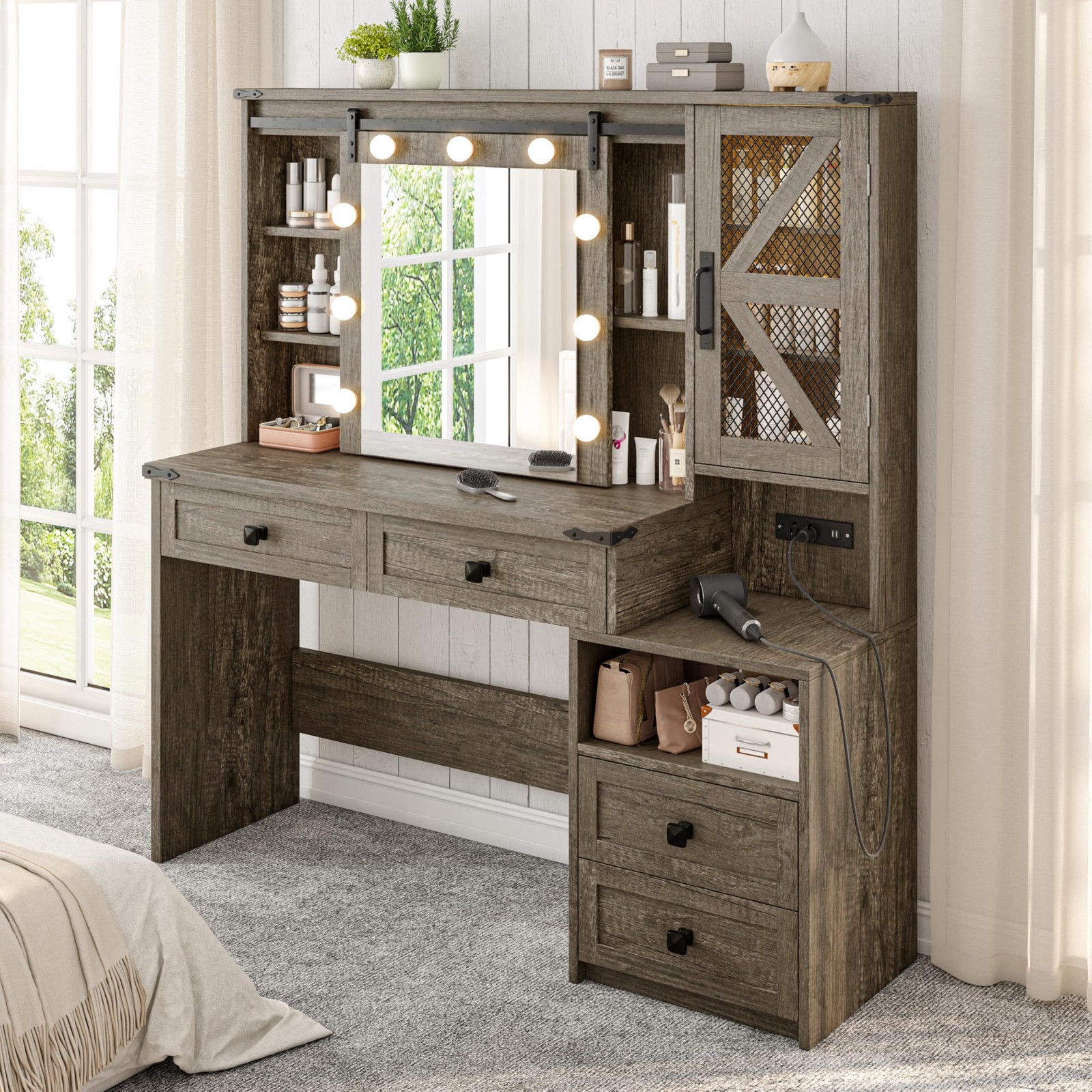 Farmhouse Vanity Desk Sliding Mirror Lights 4 Drawers RGB Cabinets Rustic Oak