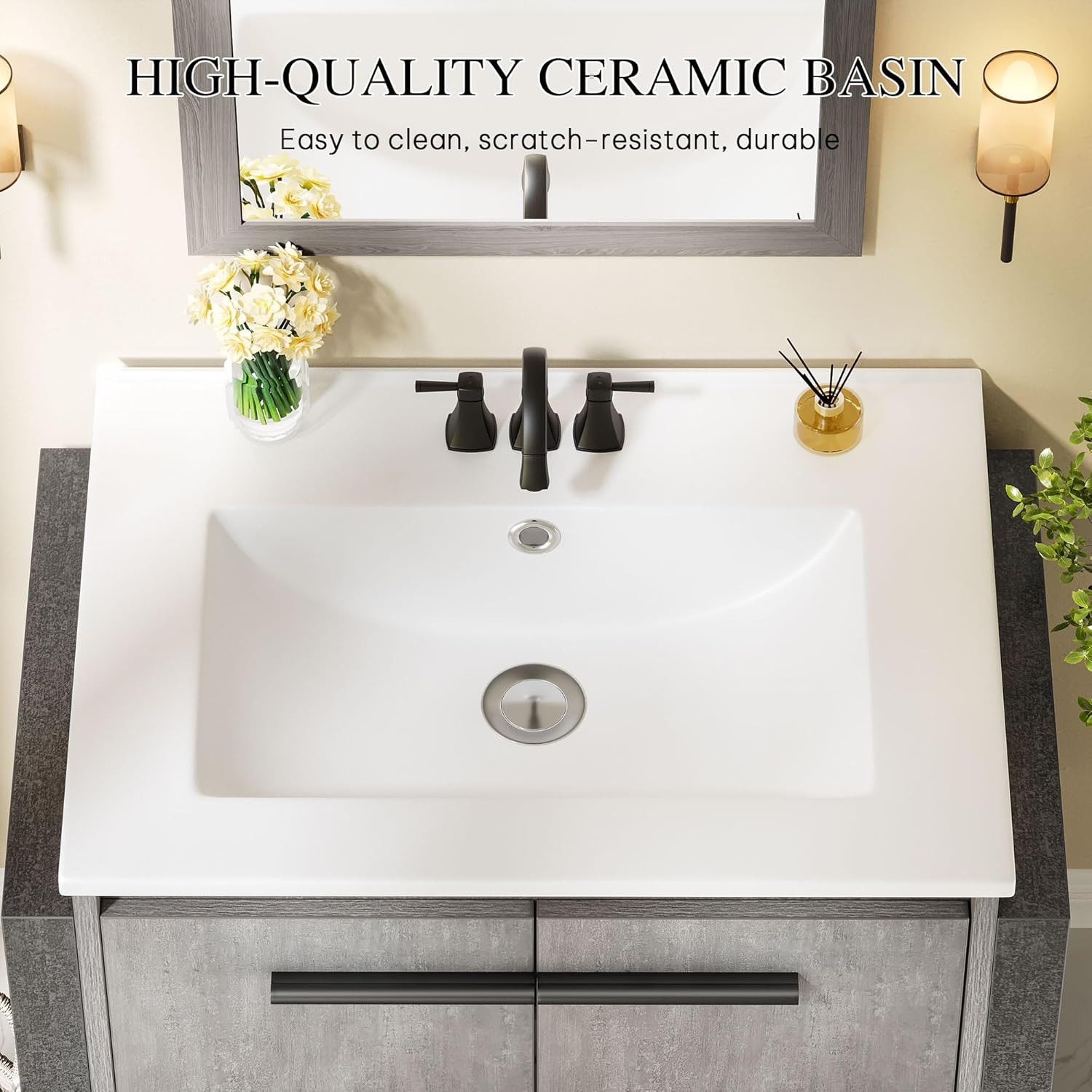 Modern 24″ Grey Floating Vanity with Sink, Soft-Close Doors, 53″ Total Width
