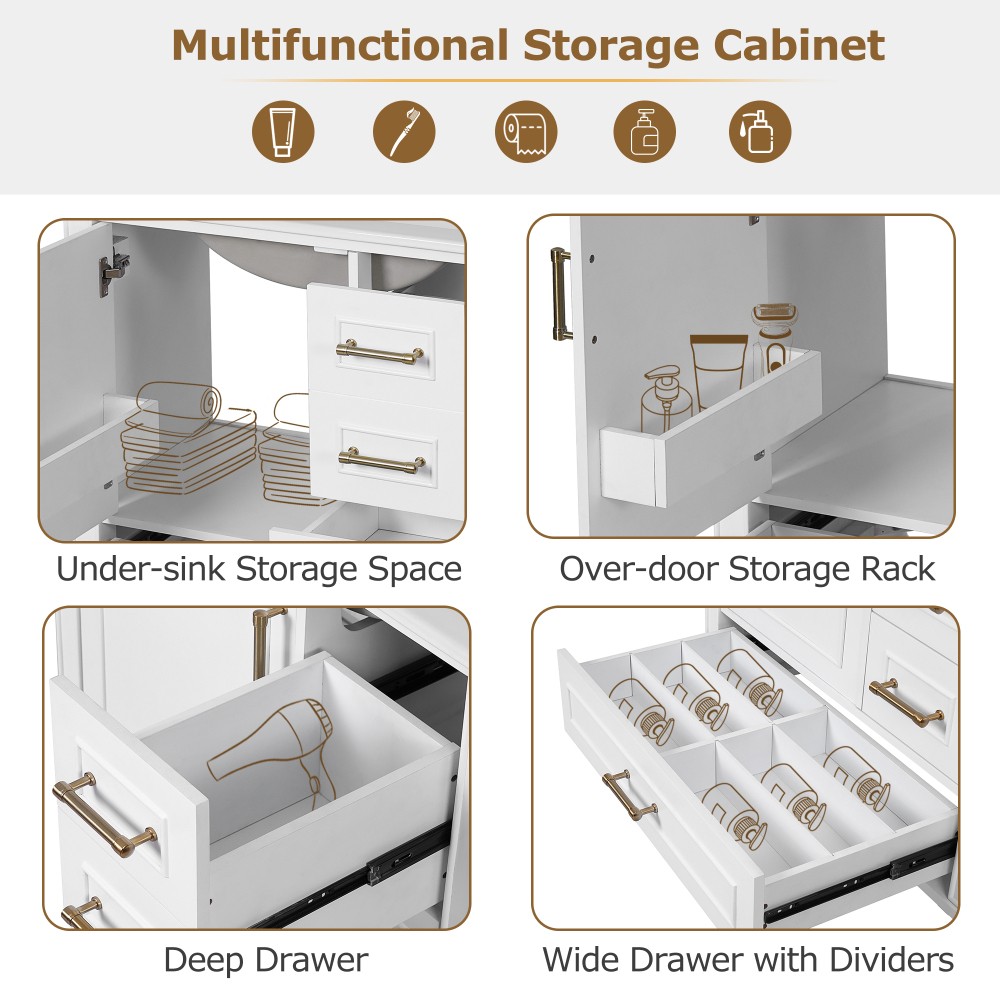 30″ Solid Wood Bathroom Vanity Ceramic Sink Soft Close Door Bath Storage Cabinet