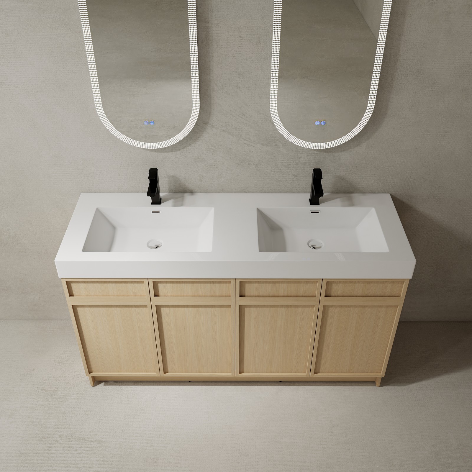 60in Plywood Double Sink Bathroom Vanity Cabinet W/ 4 Doors White Resin Sink