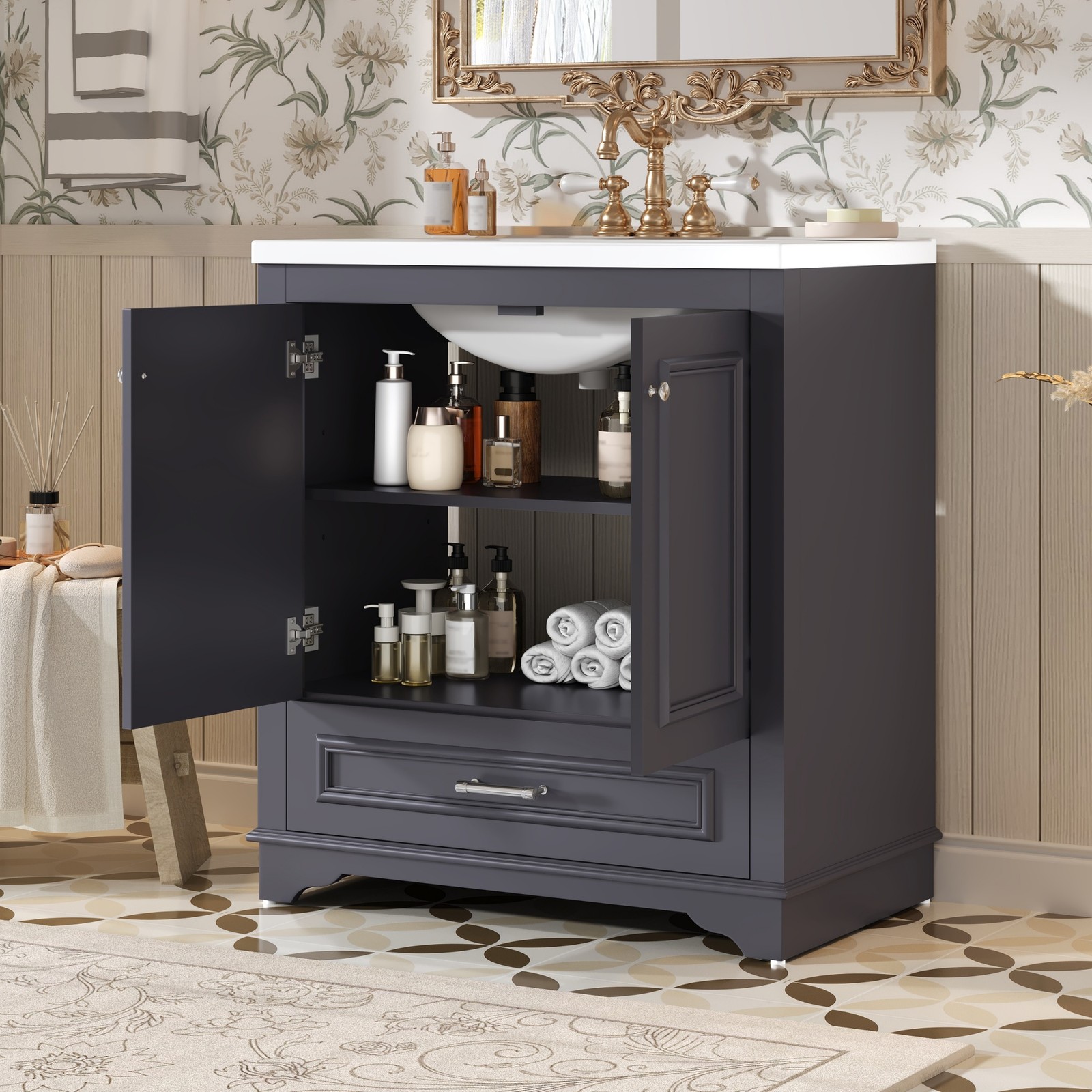 30.5″ Bathroom Vanity with Ceramic Sink, 2 Soft Close Doors, Solid Wood Frame