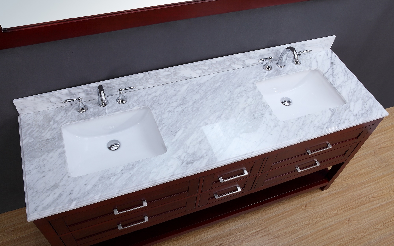 72″ Double Sink Bathroom Vanity Set White Carrera Marble Cherry Finish – Neva