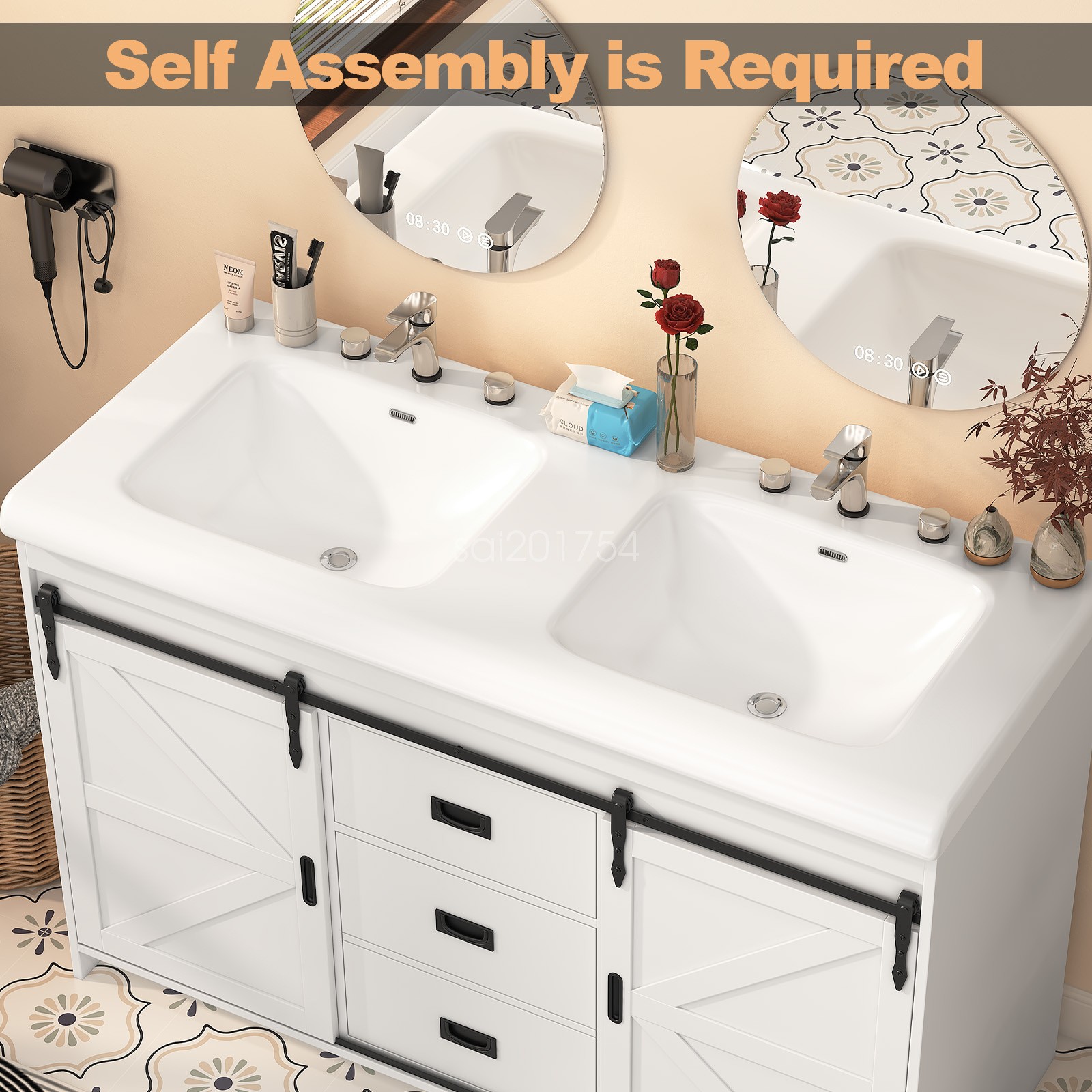 47.3″ Bathroom Vanity Freestanding Ceramic Sink Cabinet With Drawers and Doors