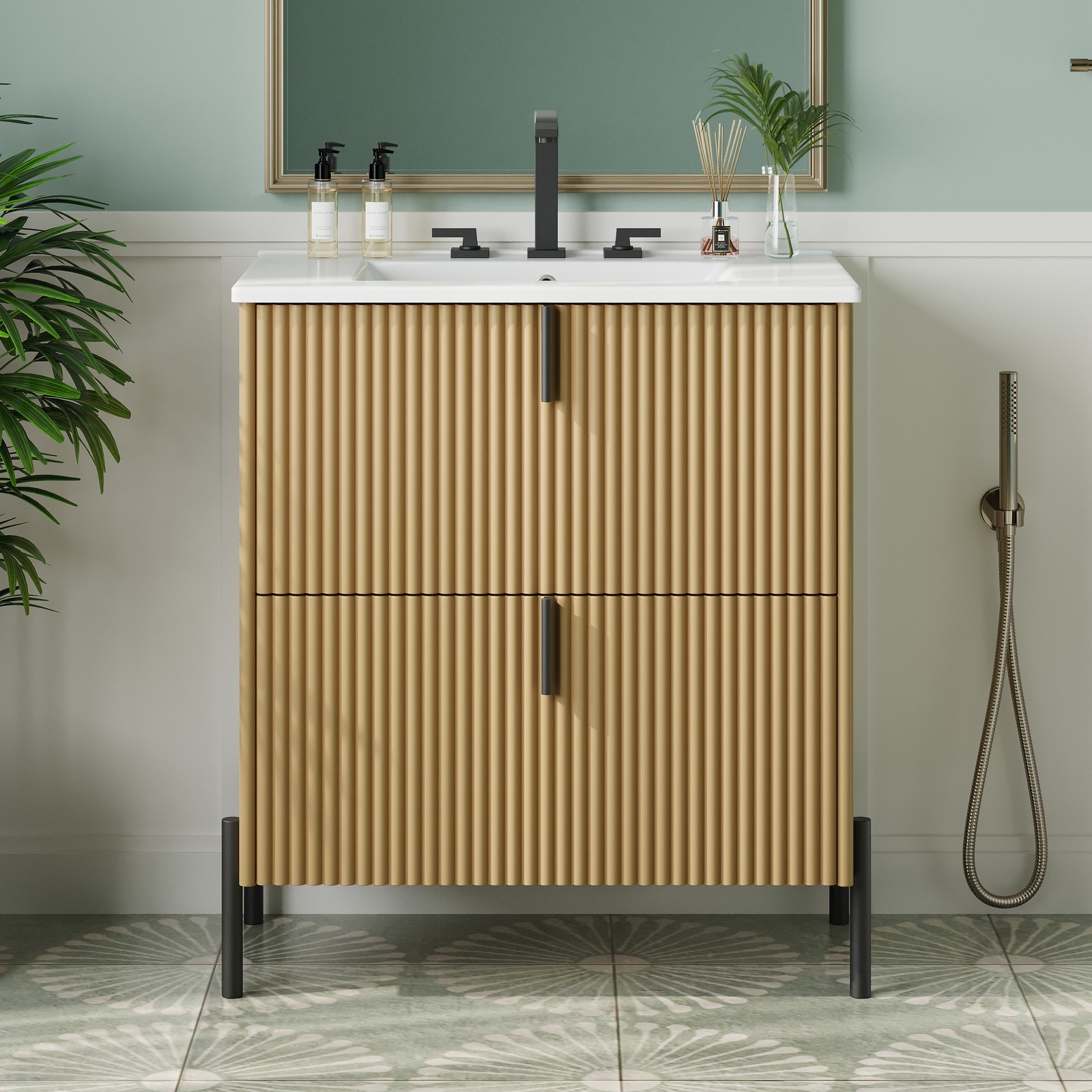 30″ Bathroom Vanity with Ceramic Sink Freestanding Bathroom Vanity w/2 Drawers