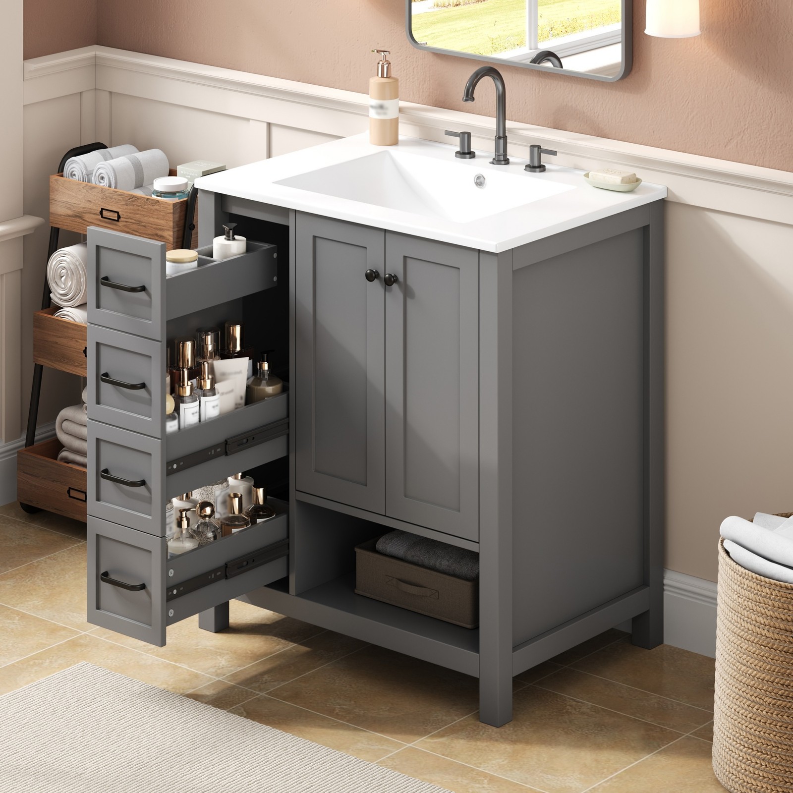 30″ Bathroom Vanity with Sink, 2 Doors & 2 Drawers, Solid Wood, Gray