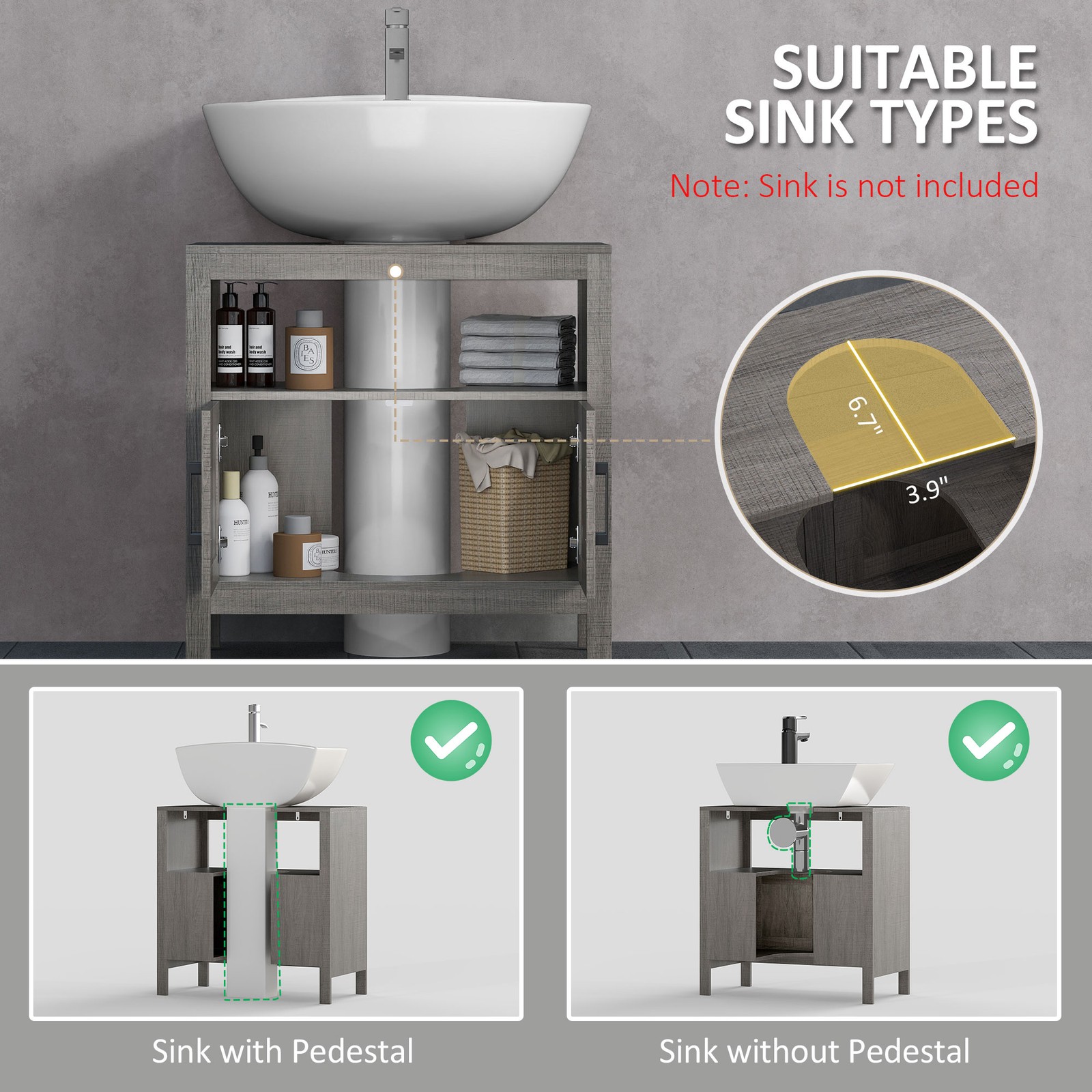 Pedestal Sink Storage Cabinet, Bathroom Sink Cabinet, Grey
