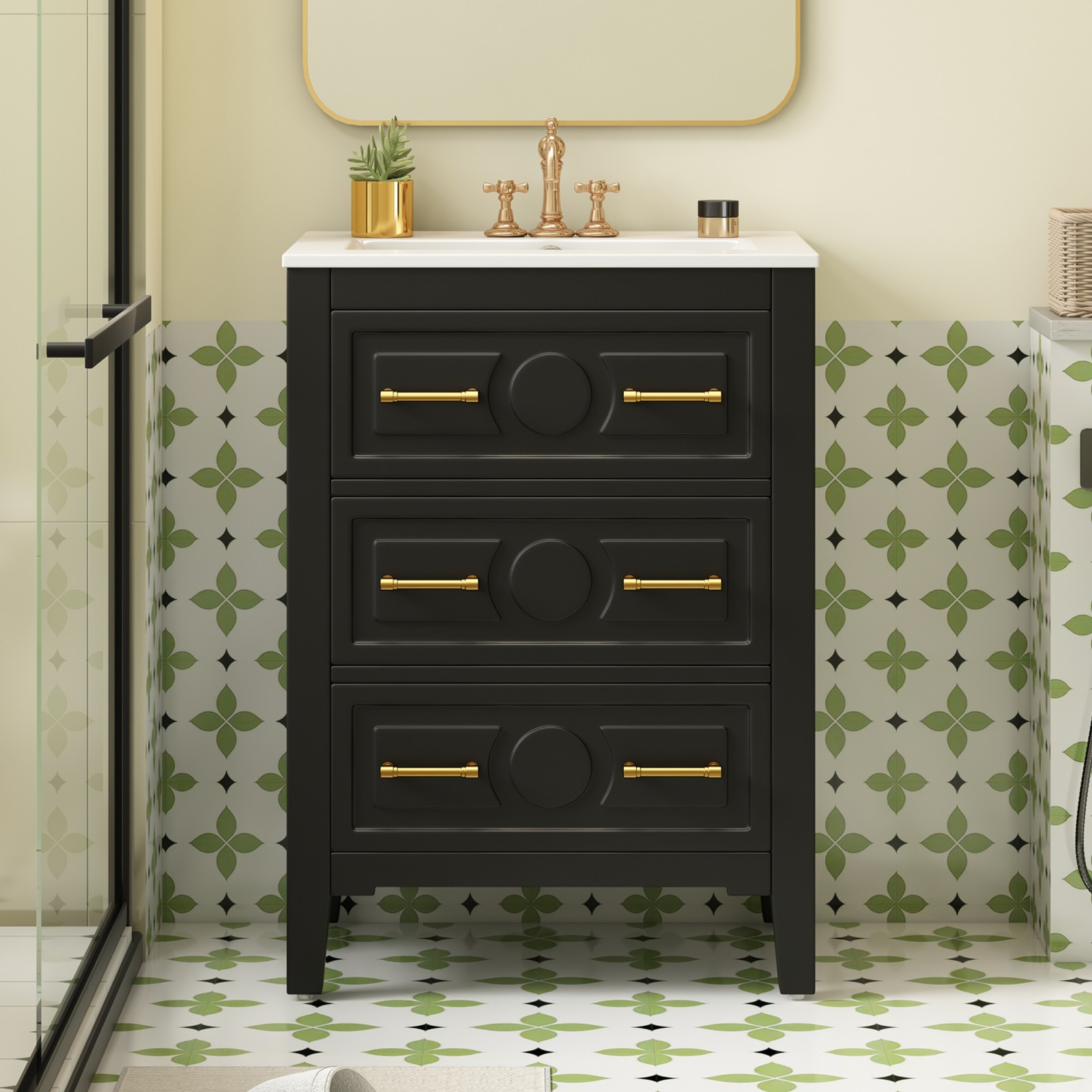 24” Bathroom Vanity with Ceramic Sink, 3 Drawers, Solid Wood Frame Retro Black