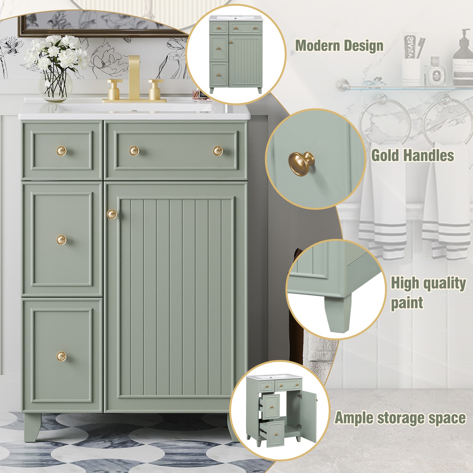 24″ Bathroom Vanity Cabinet with Ceramic Sink, 2 Drawers, 1 Door