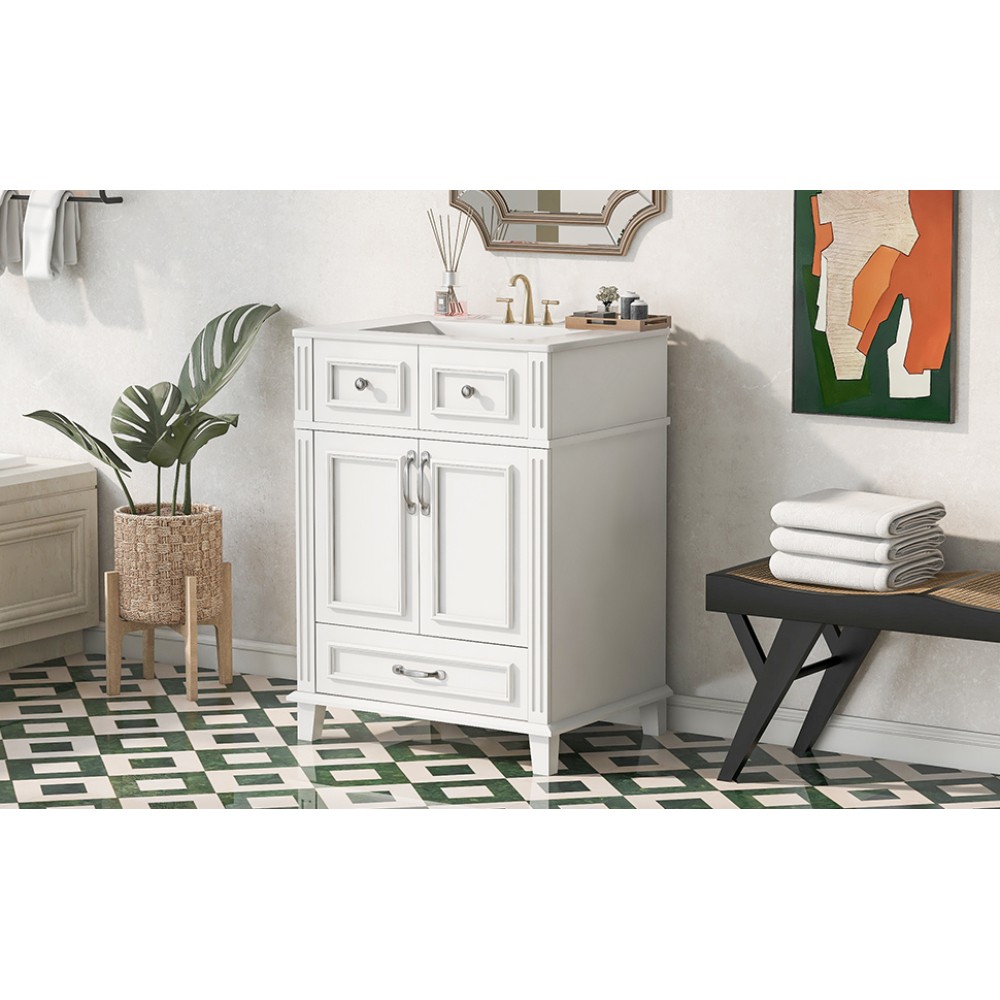 24″ Bathroom Vanity w/ Ceramic Sink, Solid Wood Frame, Soft Close Doors, White