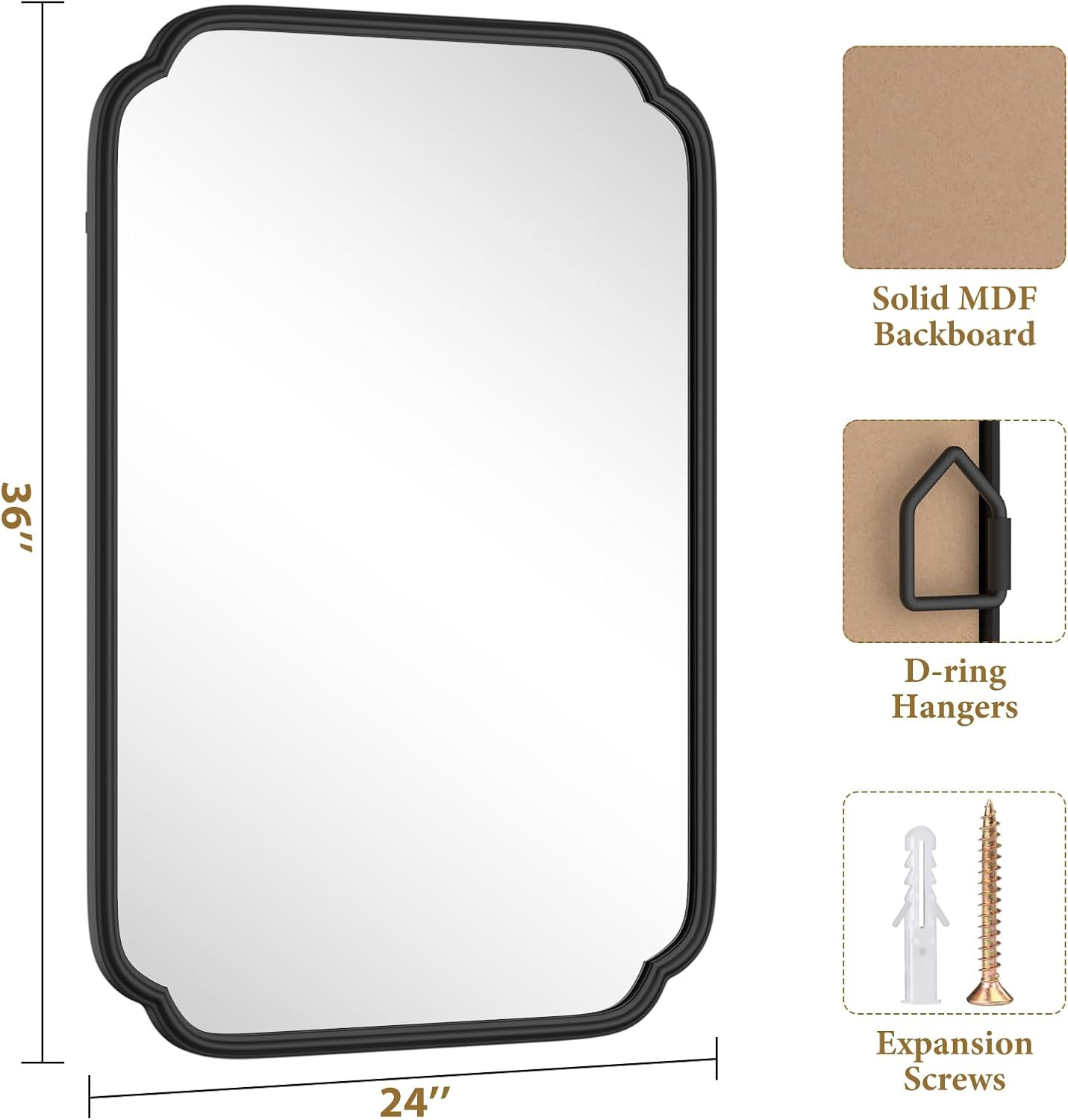 Modern Black Bathroom Vanity Mirror 24″ x 36″ with Metal Frame, Rounded Corners