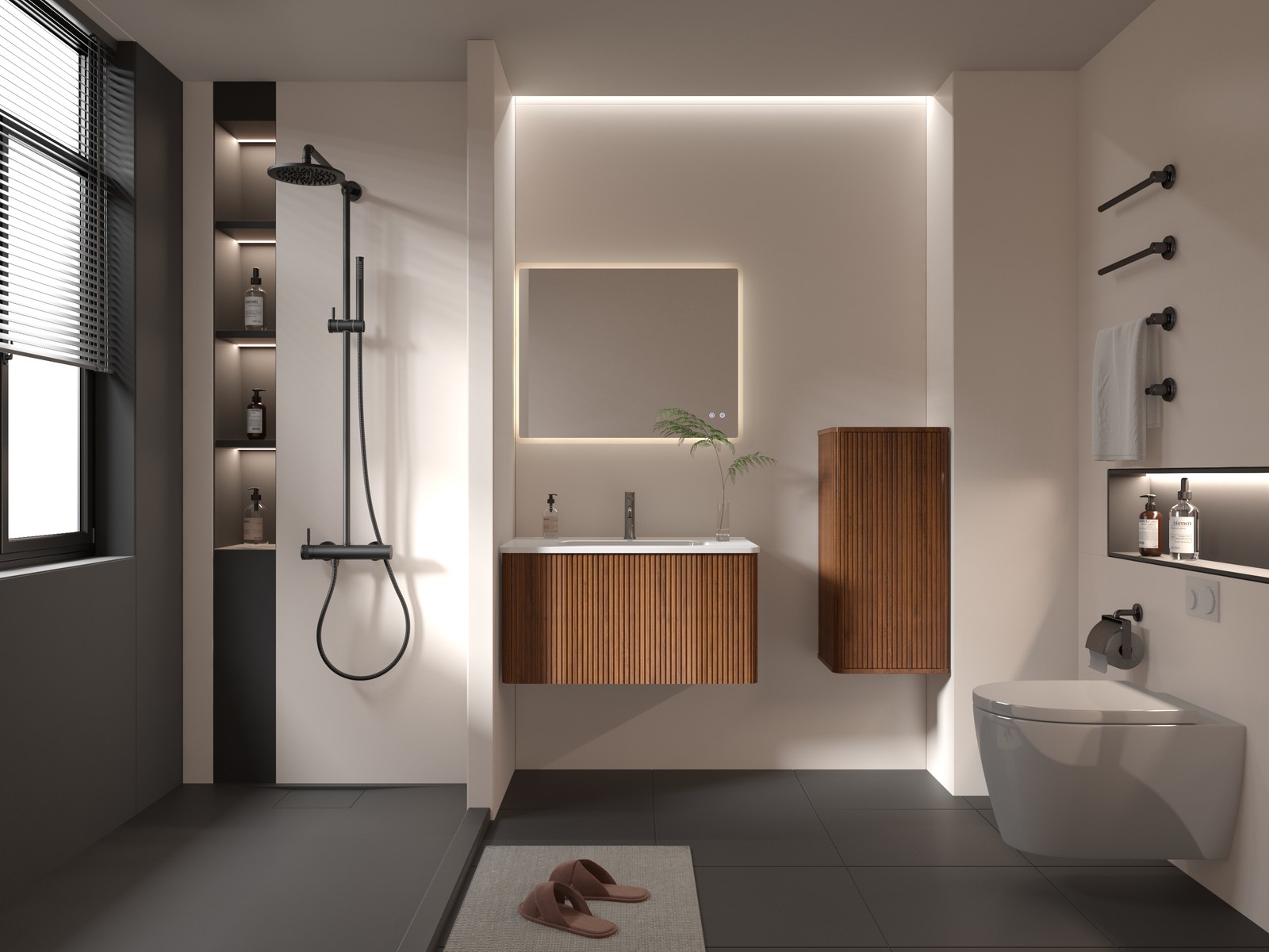 Striped Walnut Floating Bathroom Cabinet, Wall-Mounted Storage, 29.52″H