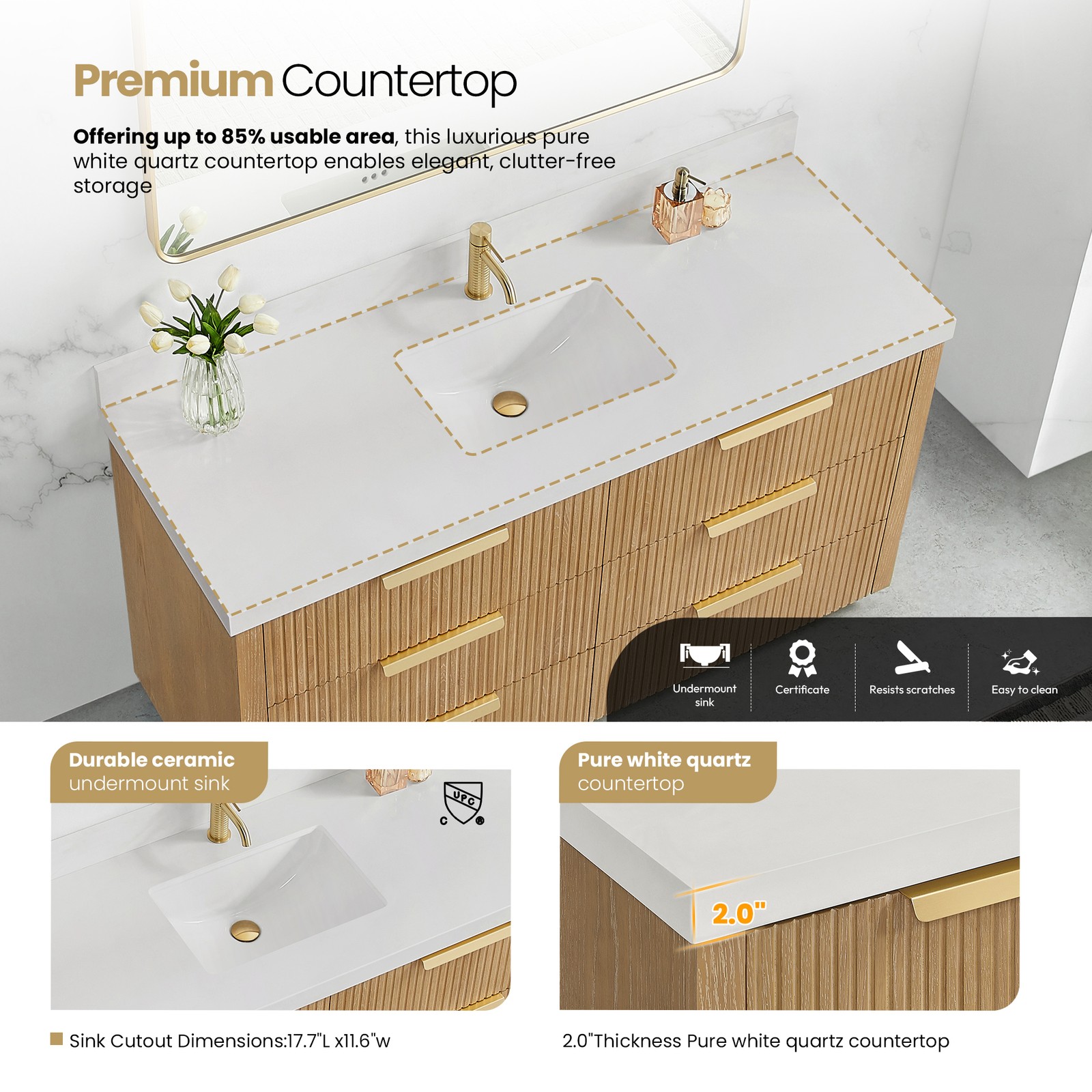 Santarem 60″ Single Bath Vanity in Washed Ash Grey with White Quartz Stone Top