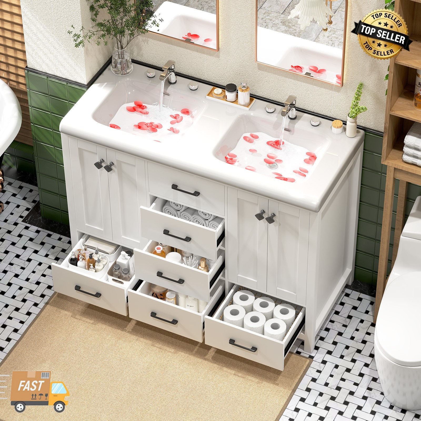 47.3″ Bathroom Vanity Double Sink Ceramic Freestanding Storage Cabinet Drawers.
