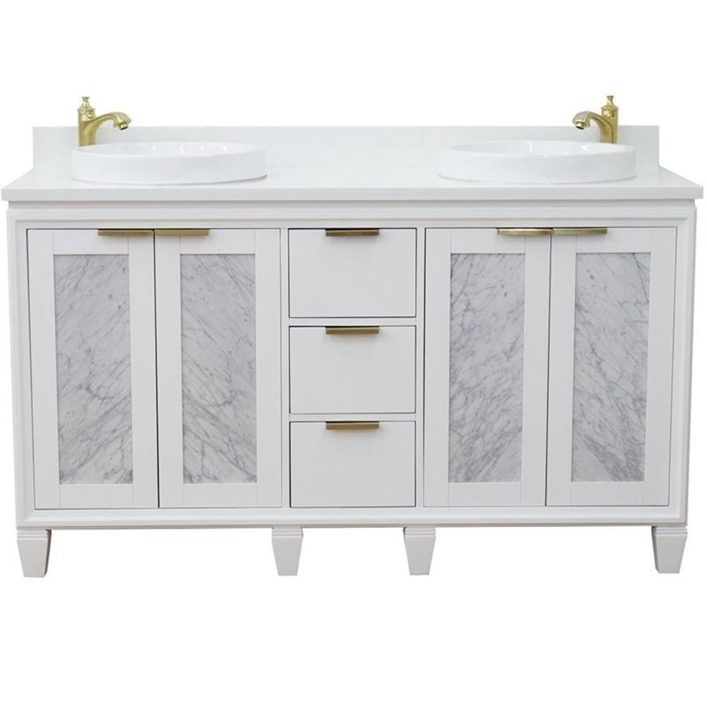Pemberly Row 61″ Double Round Sink Solid Wood Vanity in White/White Quartz Stone