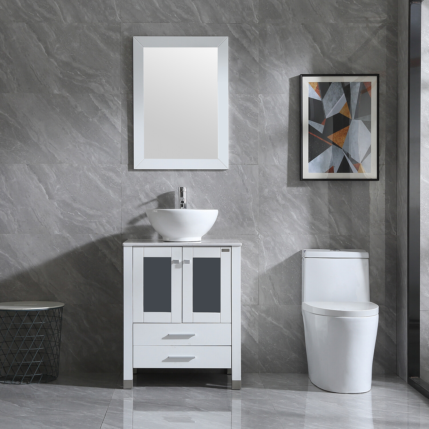 24″ Bathroom Vanity Single Basin Ceramic Sink Set with Faucet Mirror Combo white