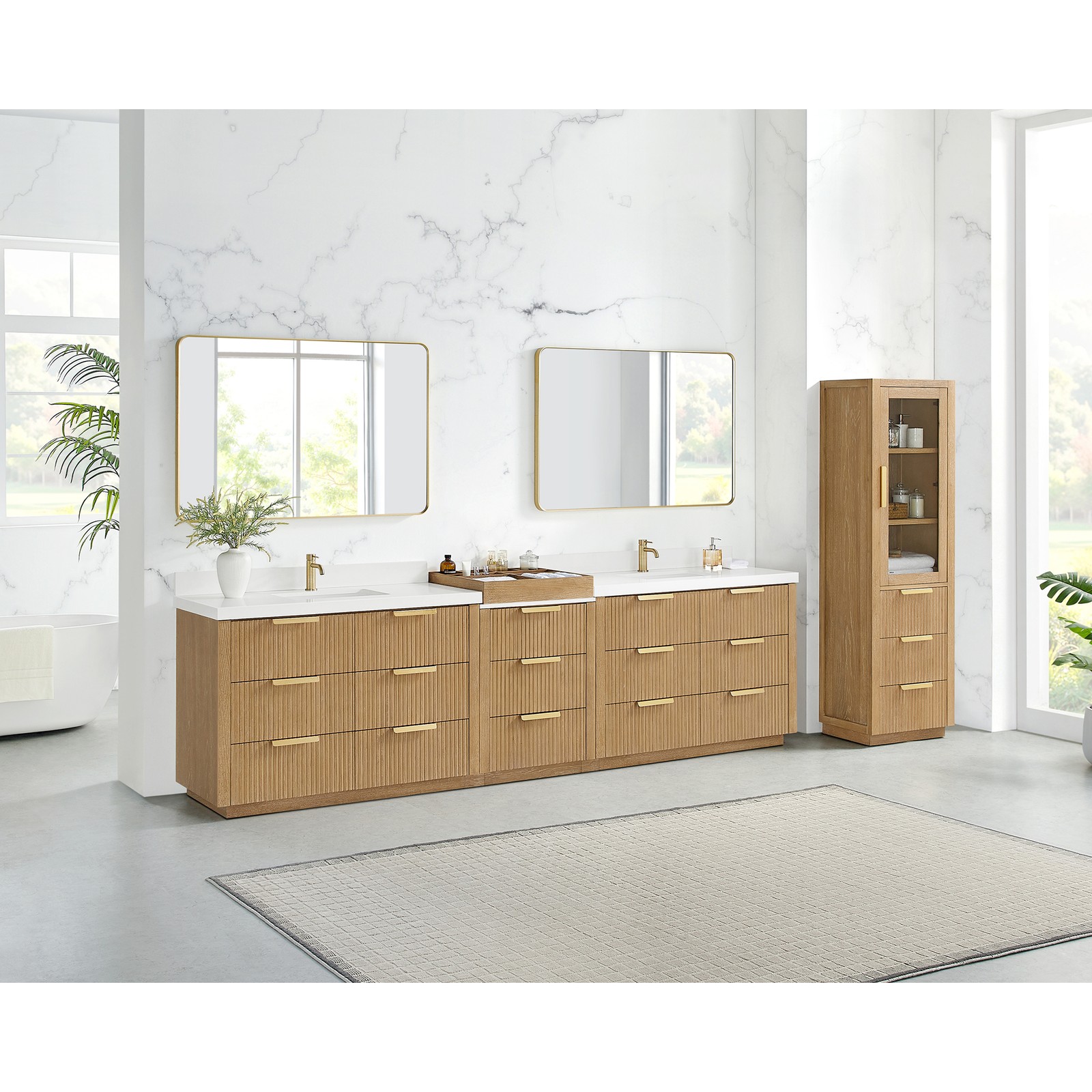 Santarem 120″ Combine Double Vanity in Washed Ash Grey with Quartz Stone Top