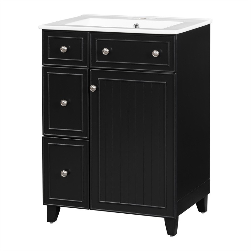 24″ Black Bathroom Vanity Cabinet with Ceramic Sink,2 Drawers,1 Soft-Close Door