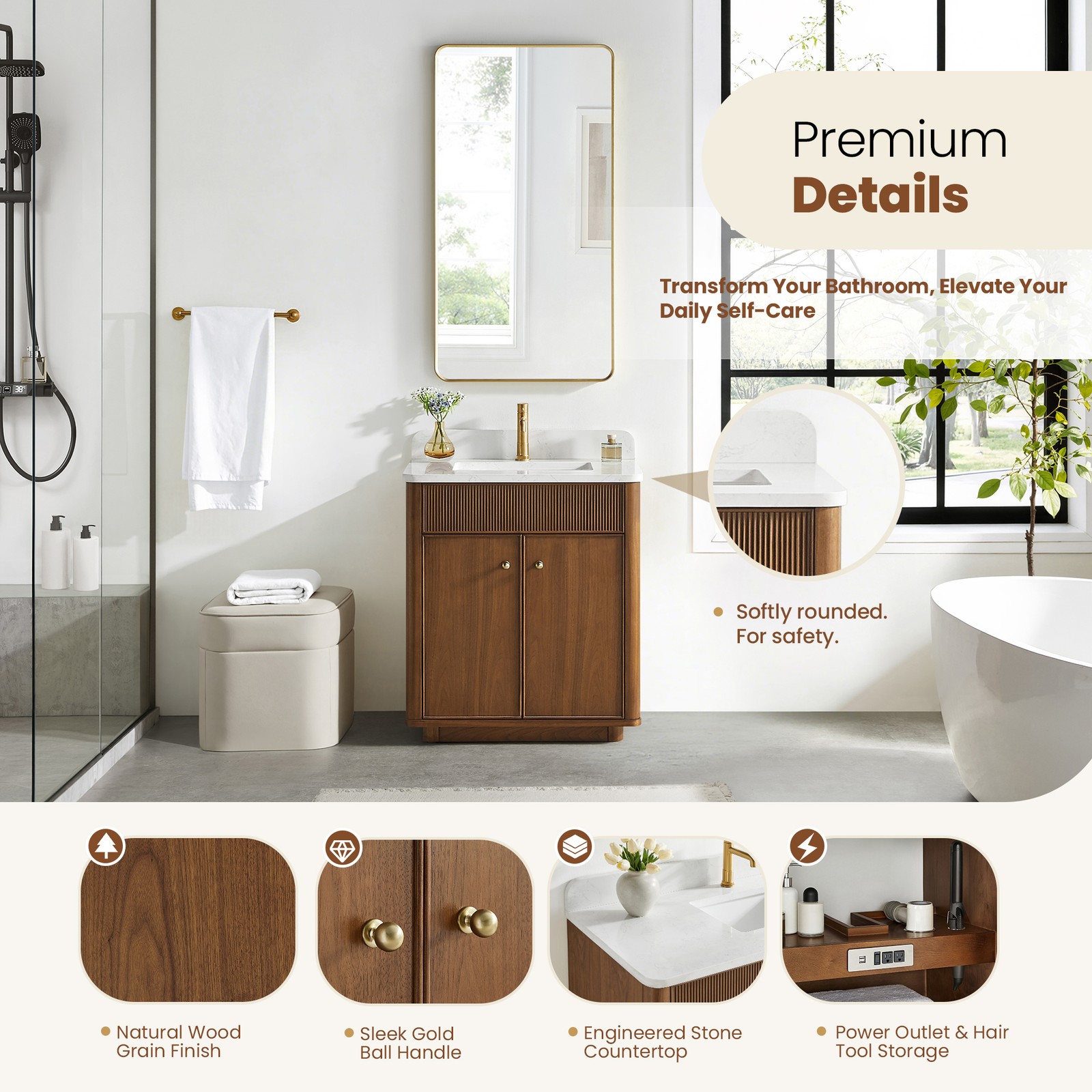 Zogno 30″ Single Sink Bath Vanity in Natural Walnut with White Grain Stone Top