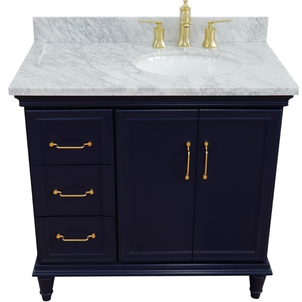 37 in. Single Wooden Vanity Blue White Carrara Oval Right Door.Right Sink