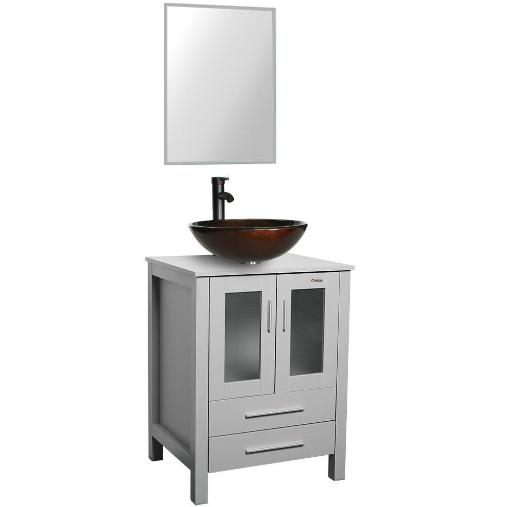 36″ Bathroom Vanity W/Glass Vessel Sink Set Faucet Mirror Cabinet Gray Combo