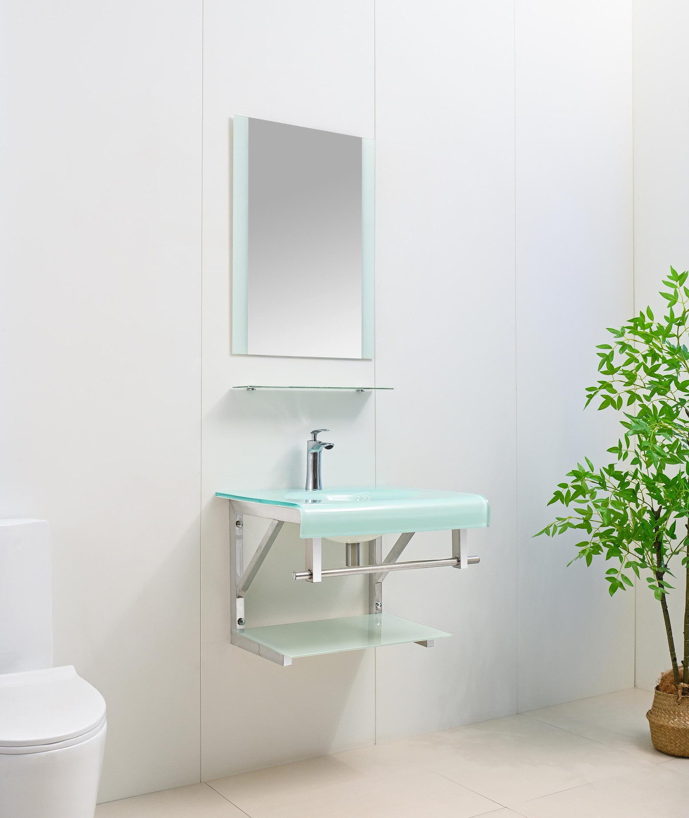24″ White Tempered Glass Bathroom Vanity Floating Integrated Sink Glass Mirror