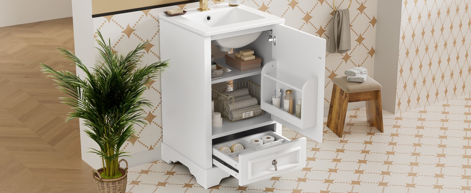 20″ Bathroom Vanity with Ceramic Sink, Soft Close Door, White