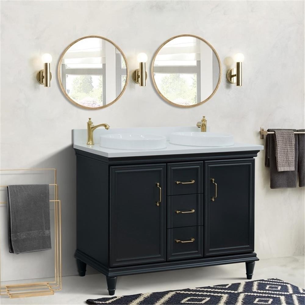 49 in. Double Wooden Vanity Dark Gray with White Quartz Round Sink