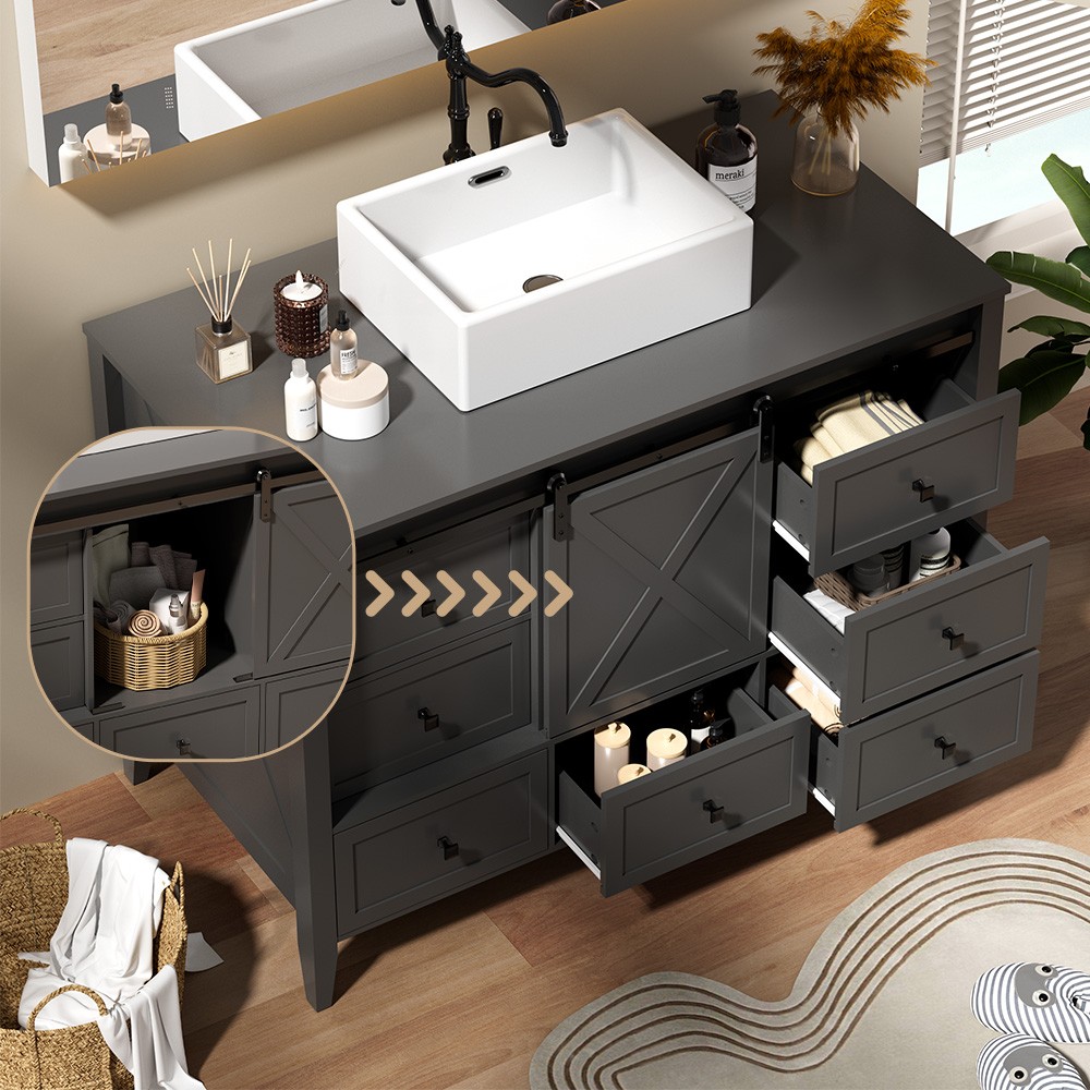 48-inch Bathroom Vanity with Sink Ceramic Freestanding Cabinet Sliding Barn Door