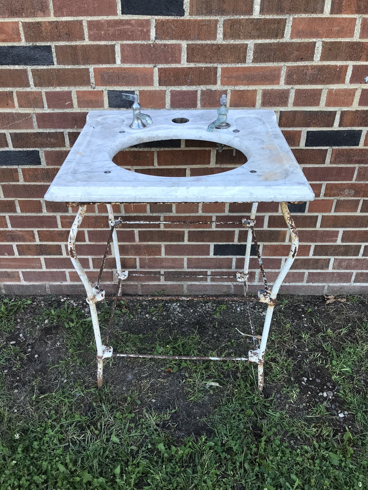 ANTIQUE VTG IRON VANITY WITH MARBLE TOP BATH SINK STAND 24 WIDE X 22 DEEP X 32”