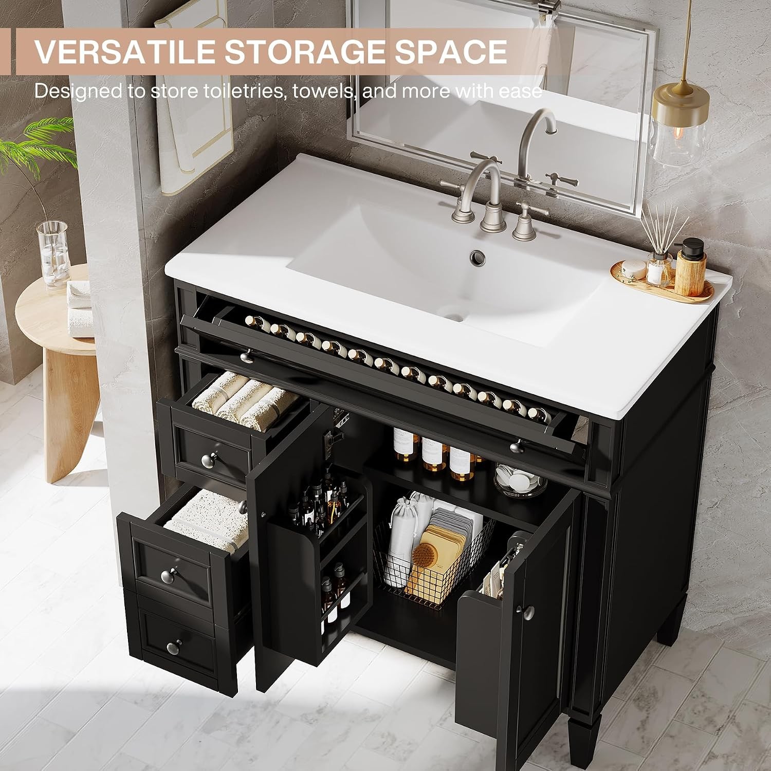 Tribesigns 36″ Bathroom Vanity with Sink,Bathroom Sink Cabinet 4 Drawers& 2Doors