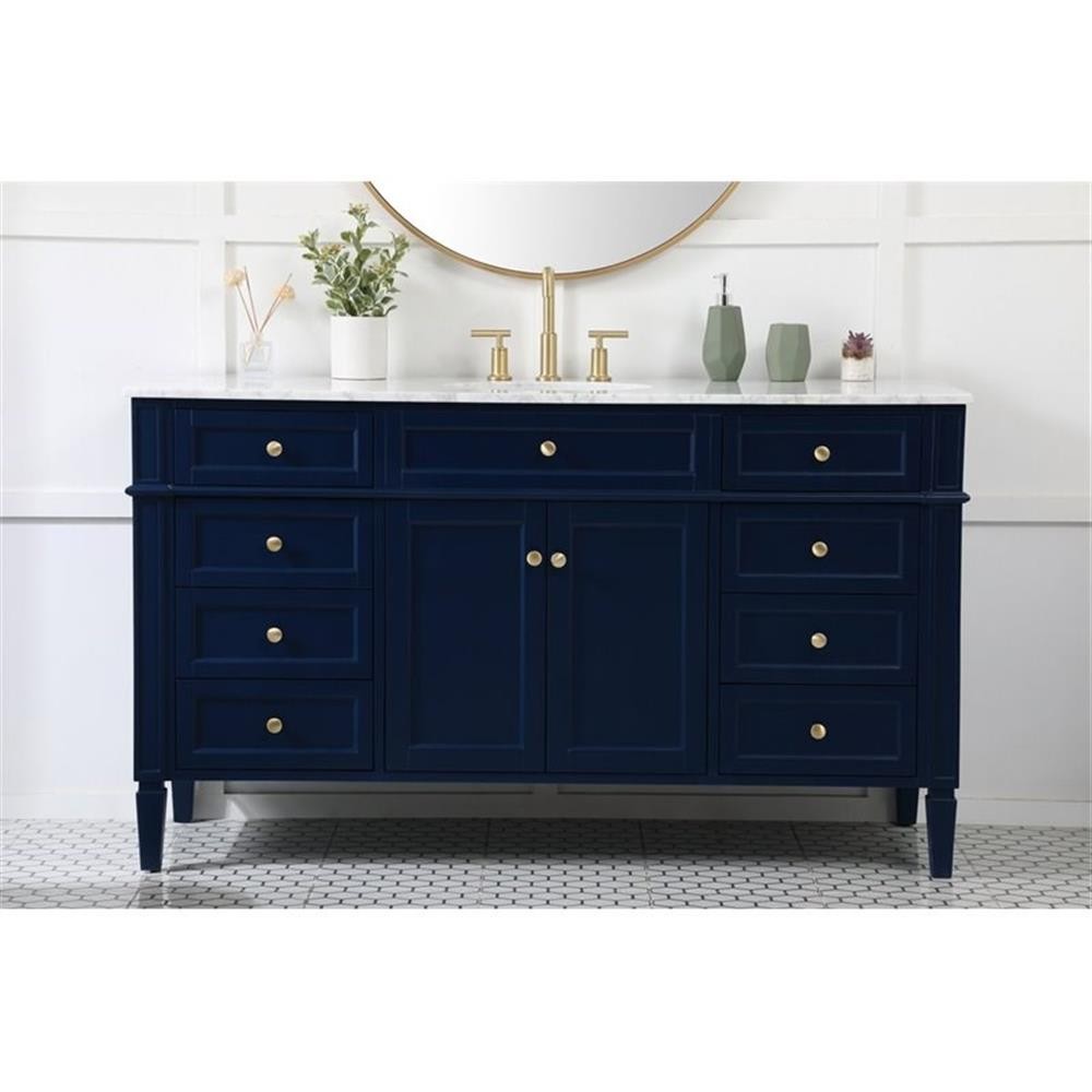 Pemberly Row 60″ Metal MDF Marble Single Bathroom Vanity in Blue