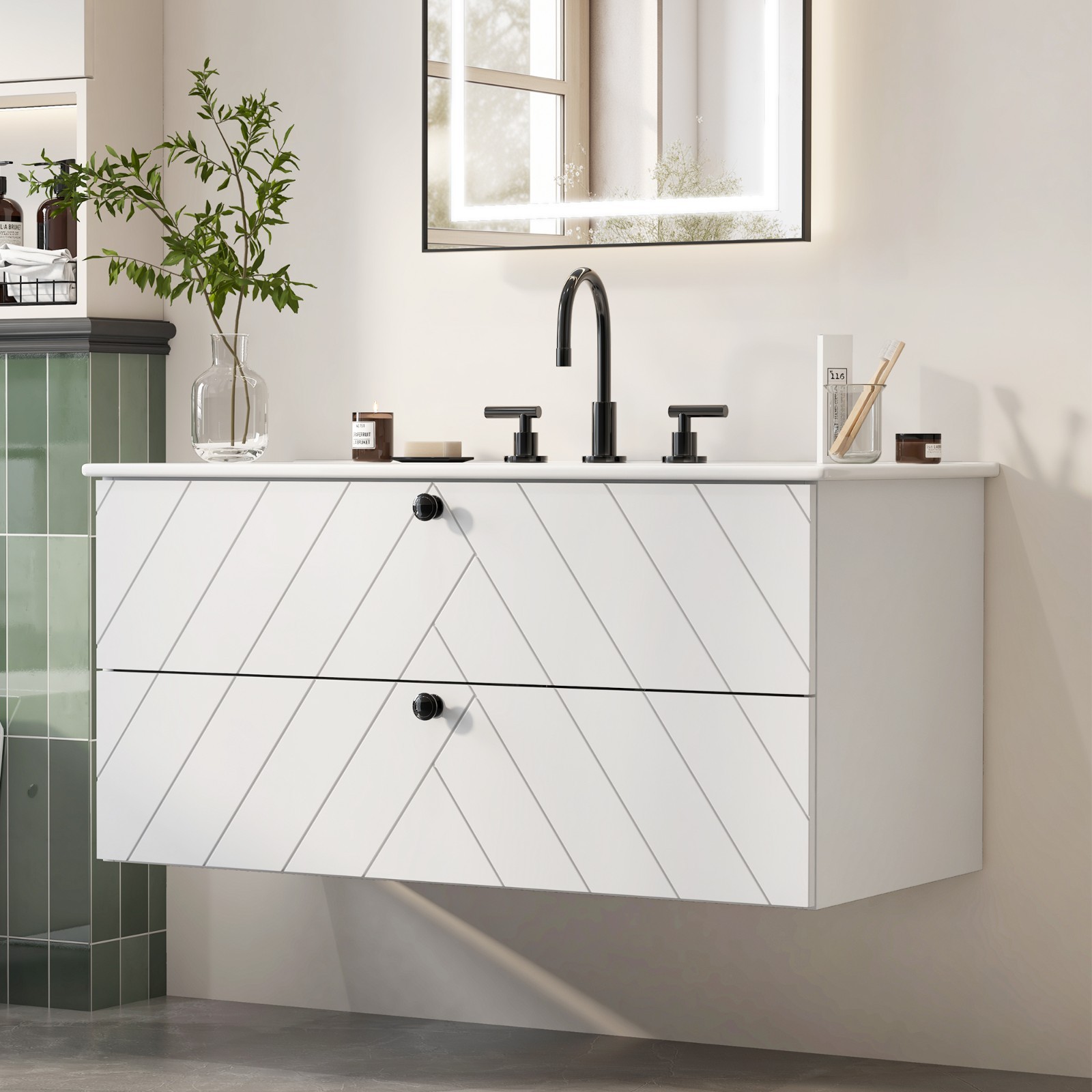36″ 30″ 24″ Wall Mounted Bathroom Vanity Cabinet with Ceramic Sink Combo White