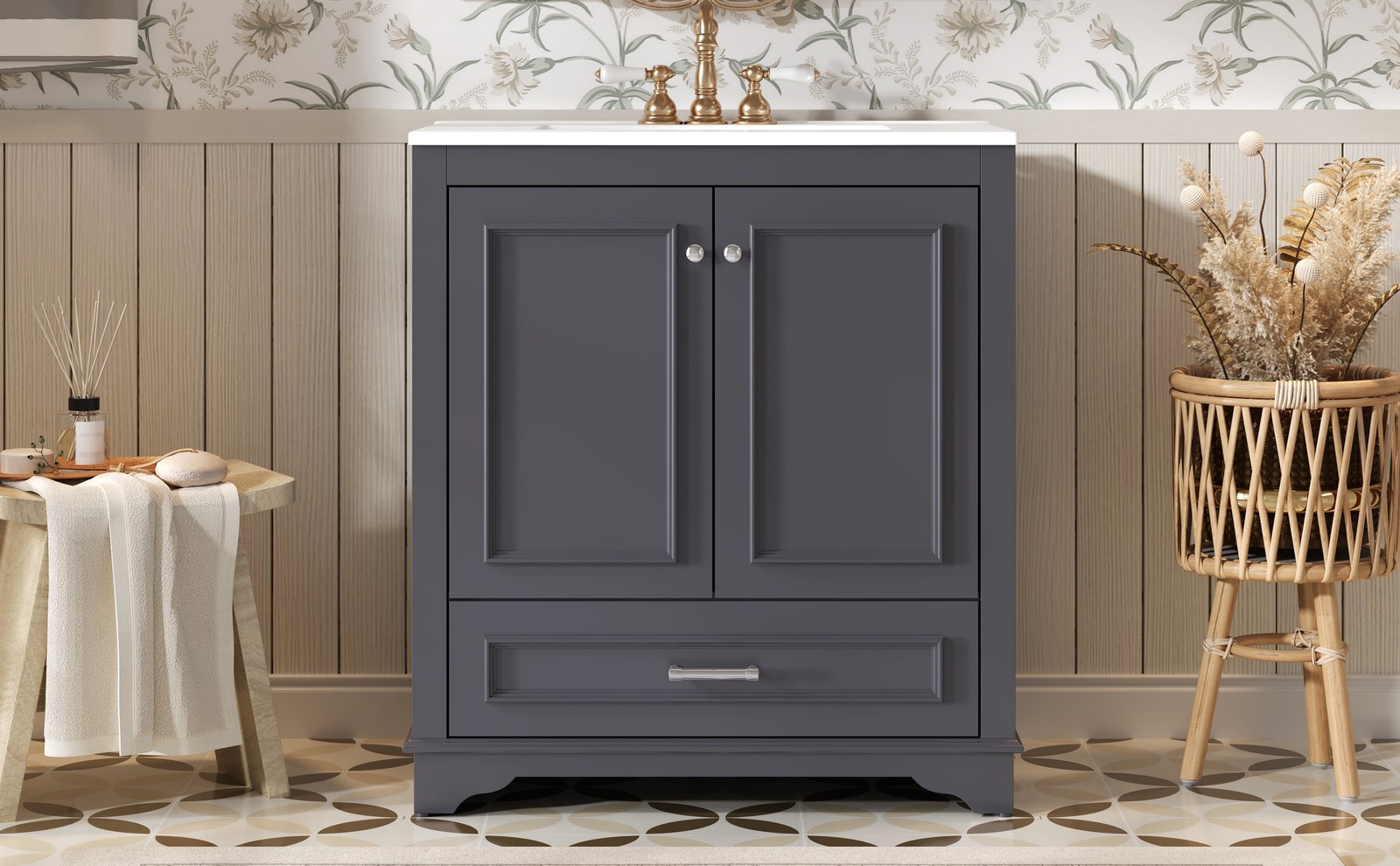 30.5″ Bathroom Vanity with Ceramic Sink, 2 Soft Close Doors, Solid Wood Frame