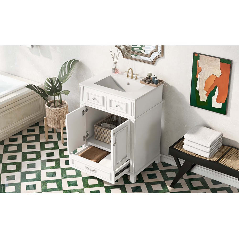 24″ Bathroom Vanity w/ Ceramic Sink, Solid Wood Frame, Soft Close Doors, White