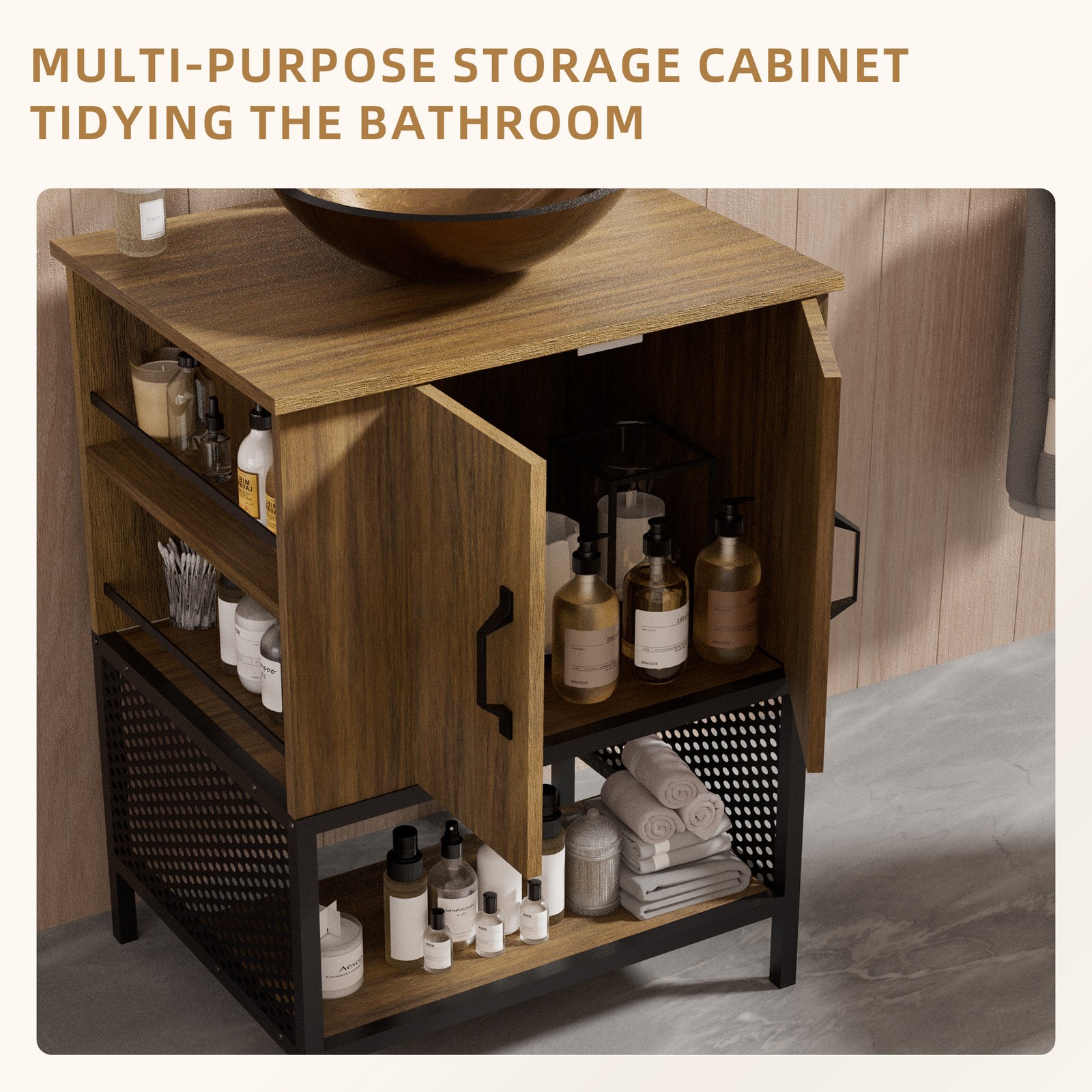 24″ Small Bathroom Vanity Combo Storage Cabinet FloorStanding Glass Vessel Oak
