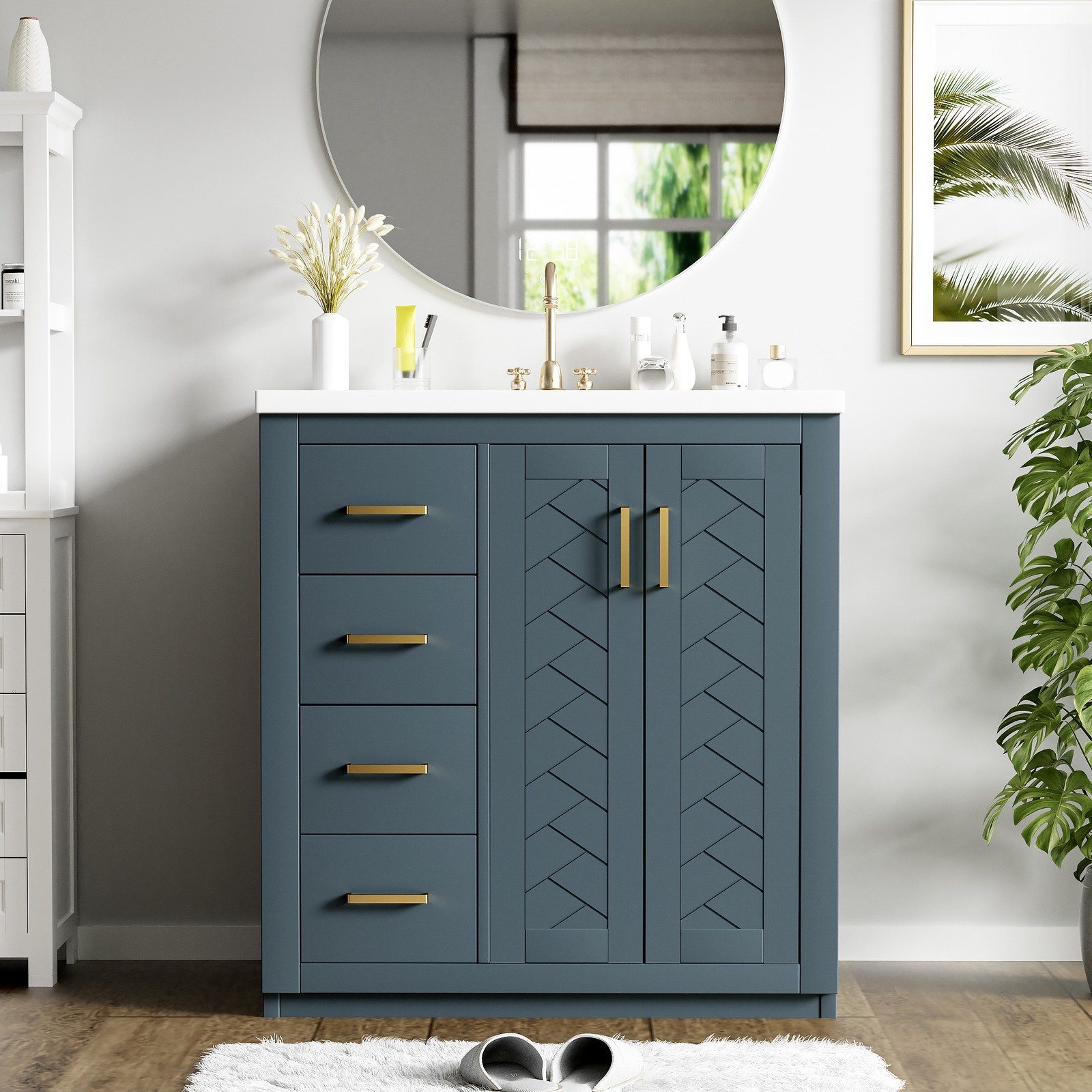 30″ Bathroom Vanity w/Ceramic Sink, 3 Drawers, Freestanding Bath Vanity Cabinet
