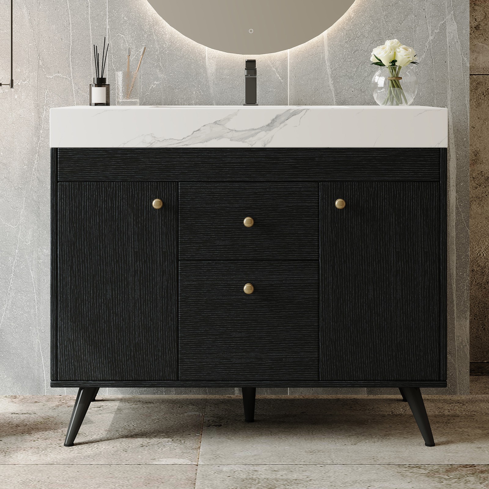 36″ Freestanding Bathroom Vanity with Sintered Stone Top & Ceramic Sink Black
