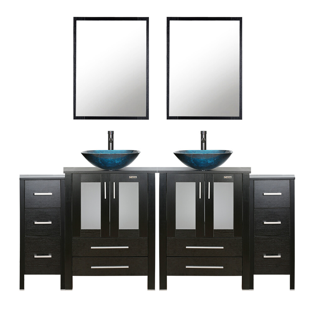 72″ Bathroom Vanity Set Tempered Glass Vessel Sink Small Cabinet Black No Mirror
