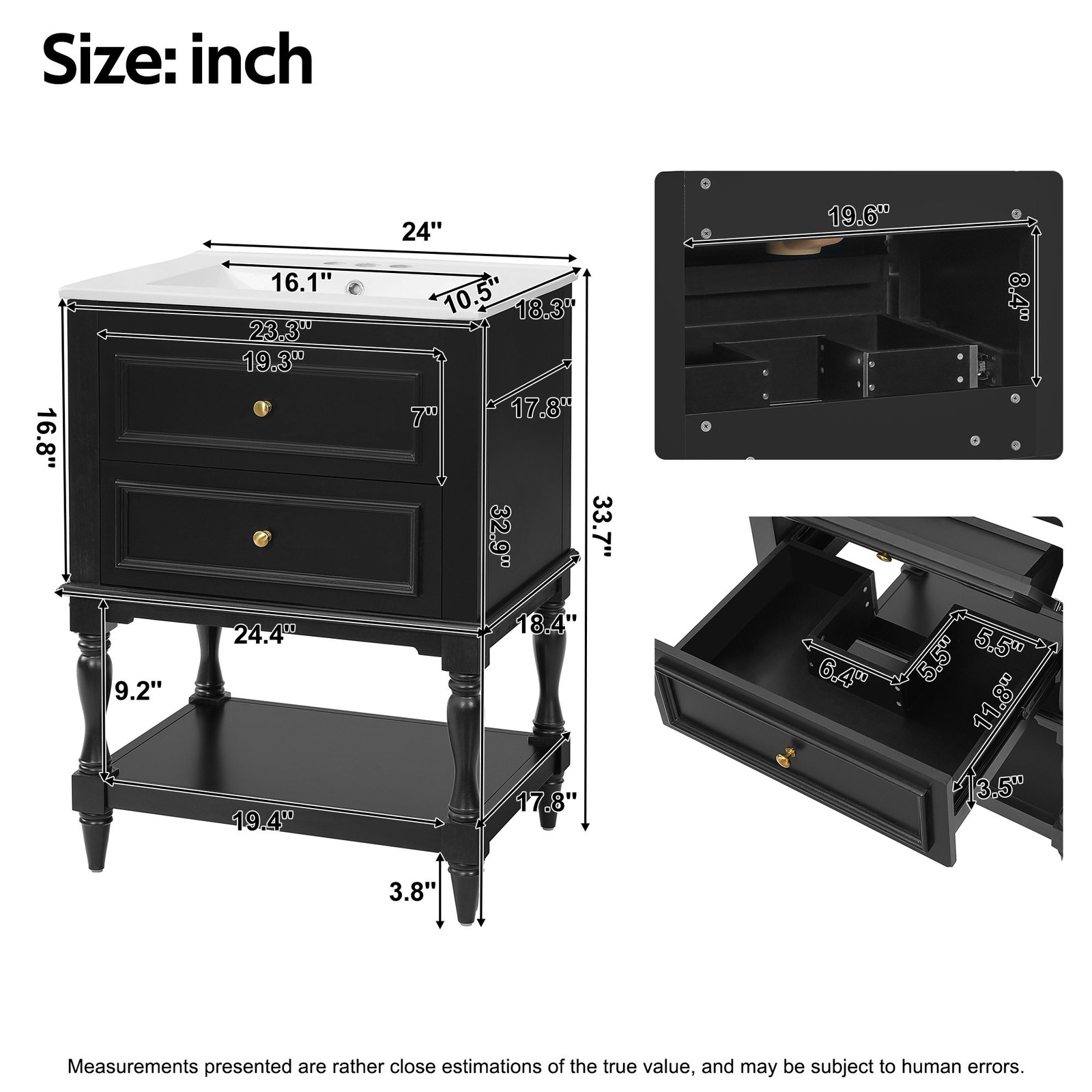FUNIDEE 24″ Bathroom Vanity with Ceramic Sink Storage Cabinet w/ 2 Drawers Black