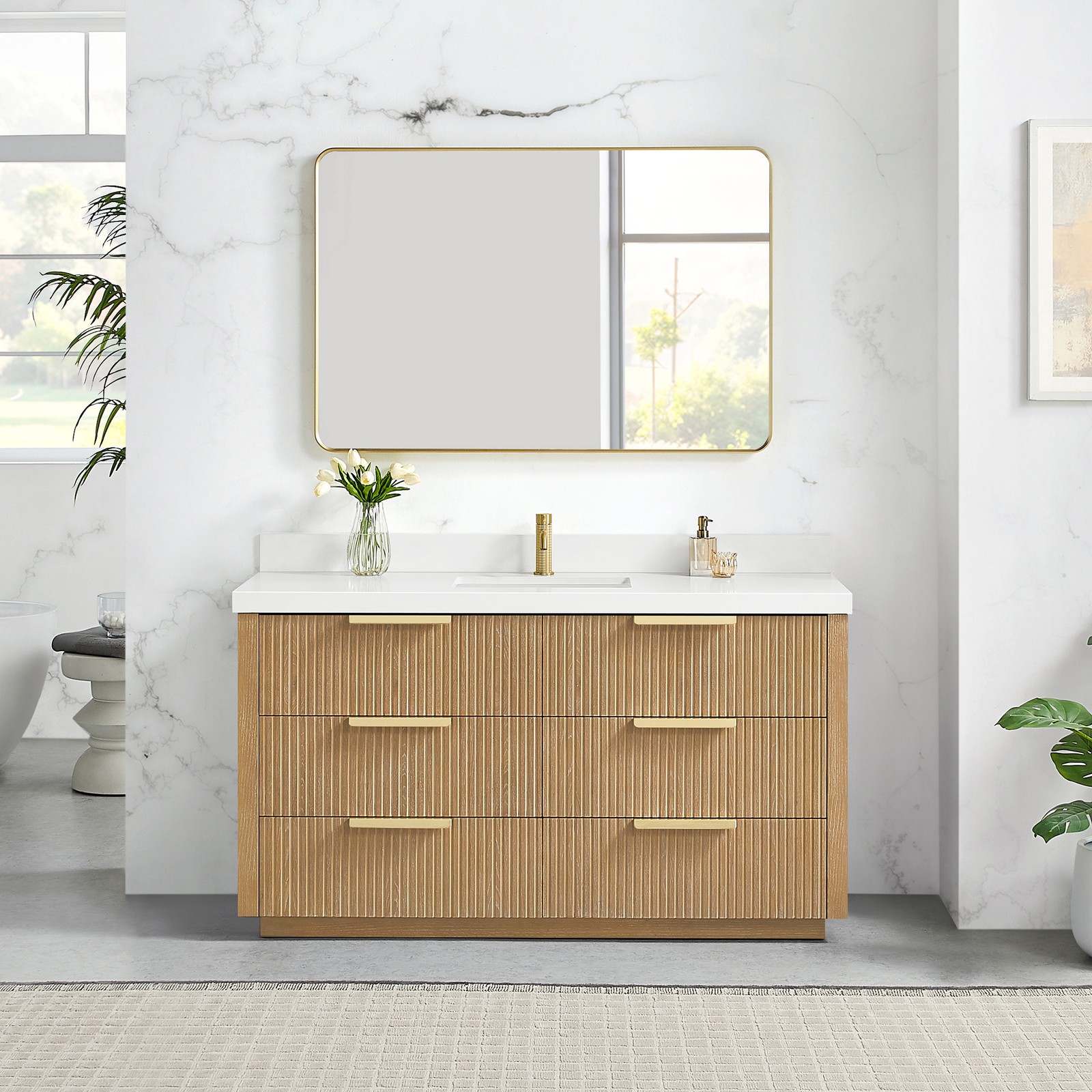 Santarem 60″ Single Bath Vanity in Washed Ash Grey with White Quartz Stone Top