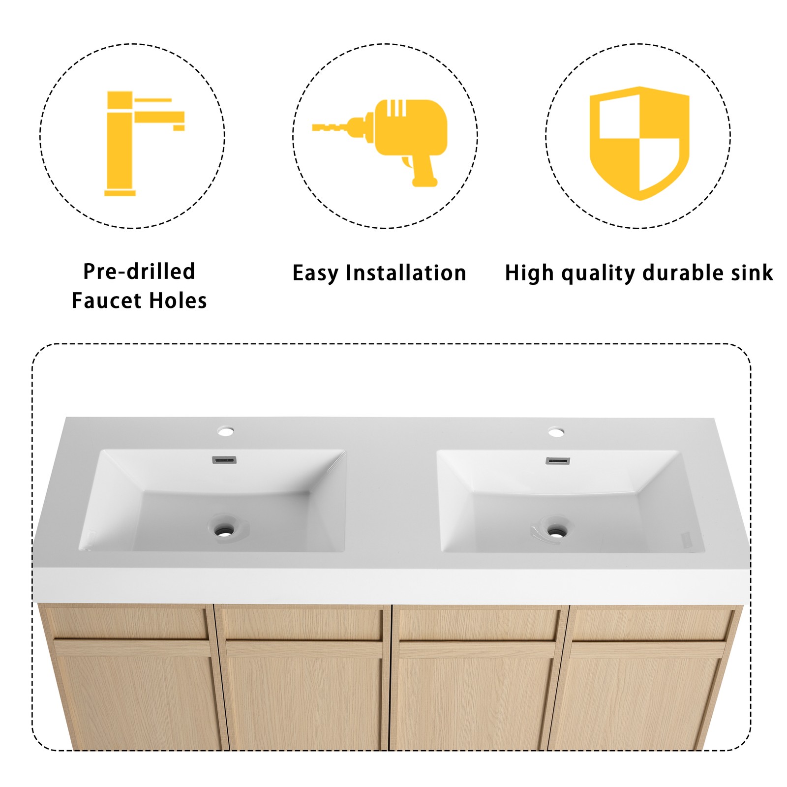 60in Plywood Double Sink Bathroom Vanity Cabinet W/ 4 Doors White Resin Sink
