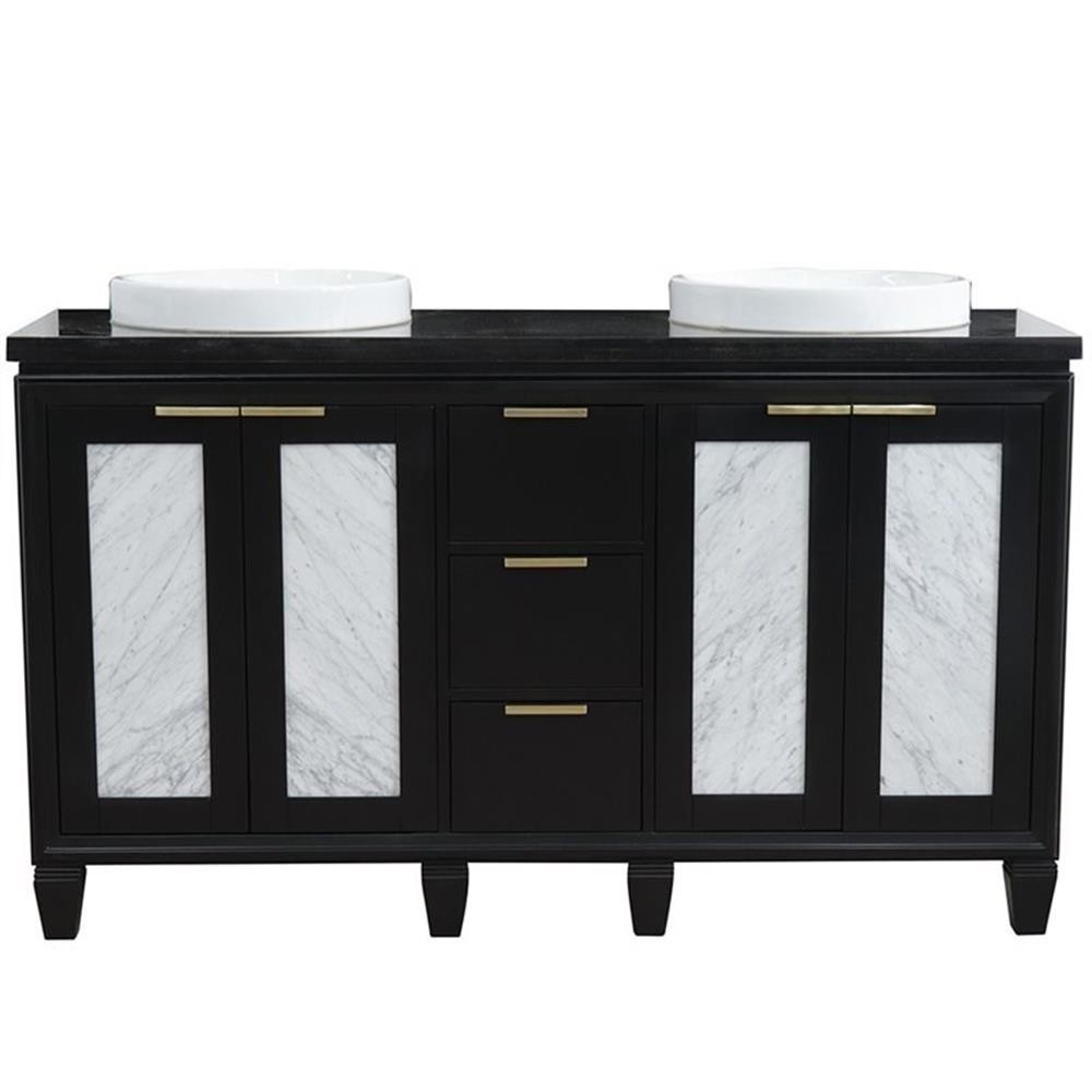 Pemberly Row 61″ Double Round Sink Solid Wood Vanity in Blue/Black Galaxy
